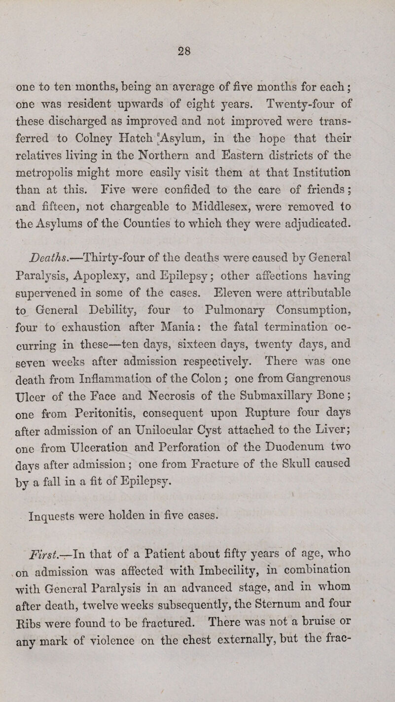 one to ten months, being an average of five months for each; one was resident upwards of eight years. Twenty-four of these discharged as improved and not improved, were trans¬ ferred to Colney Hatch ' Asylum, in the hope that their relatives living in the Northern and Eastern districts of the metropolis might more easily visit them at that Institution than at this. Five were confided to the care of friends; and fifteen, not chargeable to Middieses, were removed to the Asylums of the Counties to which they were adjudicated. Deaths.—Thirty-four of the deaths were caused by General Paralysis, Apoplexy, and Epilepsy; other affections having supervened in some of the cases. Eleven were attributable to General Debility, four to Pulmonary Consumption, four to exhaustion after Mania: the fatal termination oc¬ curring in these—-ten days, sixteen days, twenty days, and seven weeks after admission respectively. There was one death from Inflammation of the Colon ; one from Gangrenous Ulcer of the Face and Necrosis of the Submaxillary Bone; one from Peritonitis, consequent upon Rupture four days after admission of an Unilocular Cyst attached to the Liver; one from Ulceration and Perforation of the Duodenum two davs after admission; one from Fracture of the Skull caused by a fall in a fit of Epilepsy. Inquests were holden in five cases. First.—In that of a Patient about fifty years of age, who on admission was affected with Imbecility, in combination with General Paralysis in an advanced stage, and in whom after death, twelve weeks subsequently, the Sternum and four Ribs were found to be fractured. There was not a bruise or any mark of violence on the chest externally, but the frac-