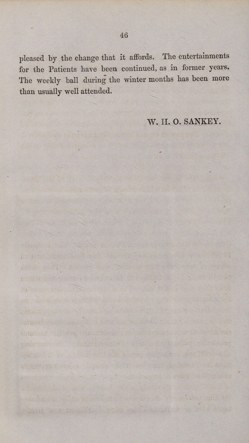 pleased by the change that it affords. The entertainments for the Patients have been continued, as in former years. The weekly ball during the winter months has been more than usually well attended. W. H. 0. SANKEY.