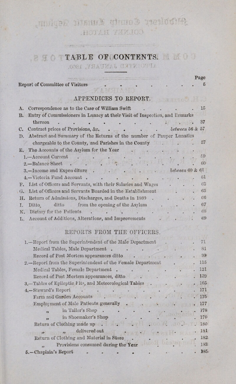 >' vl y it % r :.A , «r; > t ,• TABLE OE CONTENTS. ,Onr:i «/ b ^ : P Page Report of Committee of Visitors . . . . . . . 5 APPENDICES TO REPORT. A. Correspondence as to the Case of William Swift . . .15 B. Entry of Commissioners in Lunacy at their Visit of Inspection, and Remarks thereon .......... 37 C. Contract prices of Provisions, &c. .... between 56 & 57 I). Abstract and Summary of the Returns of the number of Pauper Lunatics chargeable to the County, and Parishes in the County . . .57 E. The Accounts of the Asylum for the Year ..... 1. —Account Current . . . . . . . . . 59 2. —Balance Sheet ... ..... 60 3. —Income and Expen diture ..... between 60 & 61 4. —Victoria Fund Account ........ 61 F. Inst of Officers and Servants, with their Salaries and Wages . . . 62 G. List of Officers and Servants Boarded in the Establishment . . 65 H. Return of Admissions, Discharges, and Deaths in I860 . . . . 66 I. Ditto^ ditto from the opening of the Asylum . . .67 K. Dietary for the Patients . . , . . . , . 68- L. Account of Additions, Alterations, and Improvements . . .69 EE POSTS FROM THE OFFICERS. 1. —Report from the Superintendent of the Male Department Medical Tables, Male Department .... Record of Post Mortem appearances ditto 2. —Report from the Superintendent of the Female Department Medical Tables, Female Department . Record of Post Mortem appearances, ditto 3. —Tables of Epileptic Fit?, and Meteorological Tables 4. —Steward’s Report . ..... Farm and Garden Accounts .... Employment of Male Patients generally . „ in Tailor’s Shop .... „ in Shoemaker’s Shop Return of Clothing made up „ „ delivered out Return of Clothing' and Material in Store „ Provisions consumed during the Year 5. —Chaplain’s Report .... . 71 . 81 . 99 . 115 . 121 . 139 . 165 . 171 . 175 . 177 . 178 . 170 . 180 . 181 . 182, . 183 . 185-