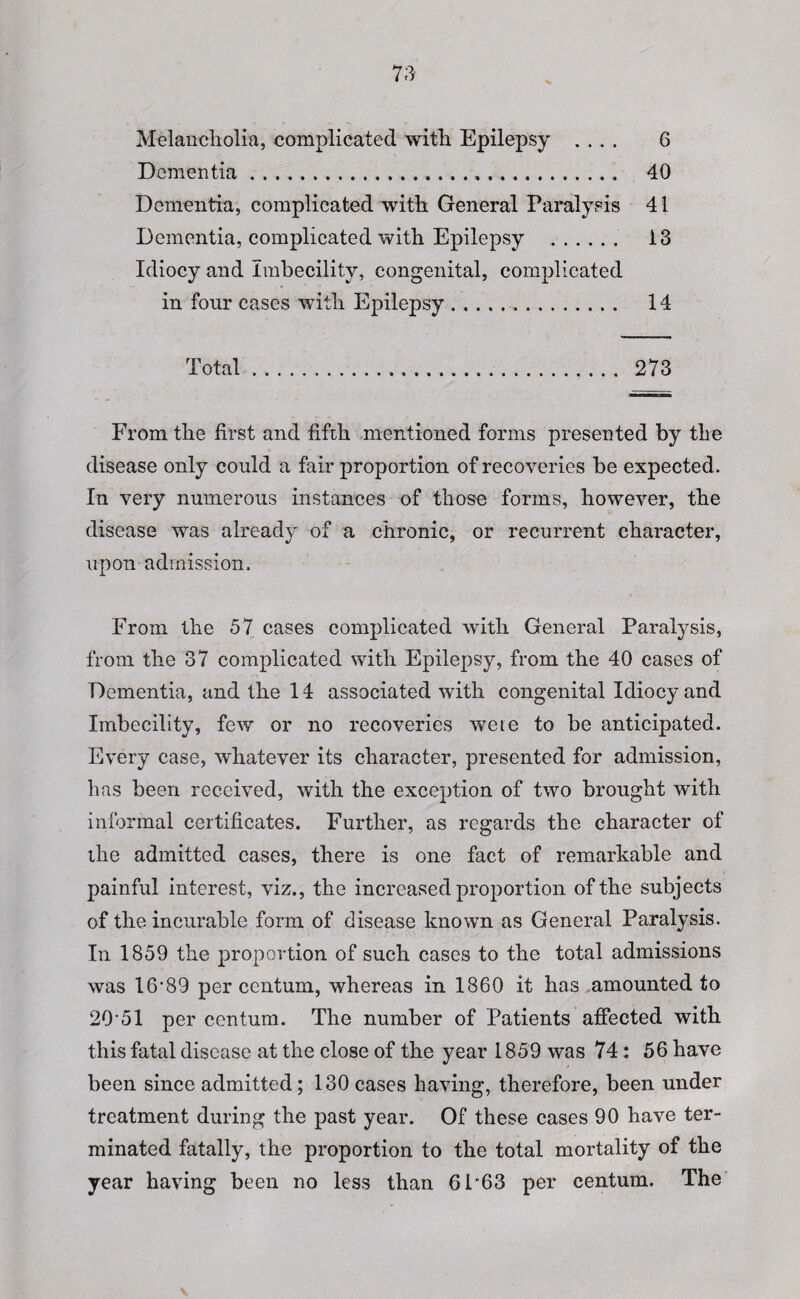 Dementia. 40 Dementia, complicated with General Paralysis 41 Dementia, complicated with Epilepsy . 13 Idiocy and Imbecility, congenital, complicated in four cases with Epilepsy. 14 Total. 273 From the first and fifth mentioned forms presented by the disease only could a fair proportion of recoveries be expected. In very numerous instances of those forms, however, the disease was already of a chronic, or recurrent character, upon admission. From the 57 cases complicated with General Paralysis, from the 37 complicated with Epilepsy, from the 40 cases of Dementia, and the 14 associated with congenital Idiocy and Imbecility, few or no recoveries were to be anticipated. Every case, whatever its character, presented for admission, has been received, with the exception of two brought with informal certificates. Further, as regards the character of the admitted cases, there is one fact of remarkable and painful interest, viz., the increased proportion of the subjects of the incurable form of disease known as General Paralysis. In 1859 the proportion of such cases to the total admissions was 16’89 per centum, whereas in 1860 it has amounted to 20-51 per centum. The number of Patients affected with this fatal disease at the close of the year 1859 was 74: 56 have been since admitted; 130cases having, therefore, been under treatment during the past year. Of these cases 90 have ter¬ minated fatally, the proportion to the total mortality of the year having been no less than 6P63 per centum. The