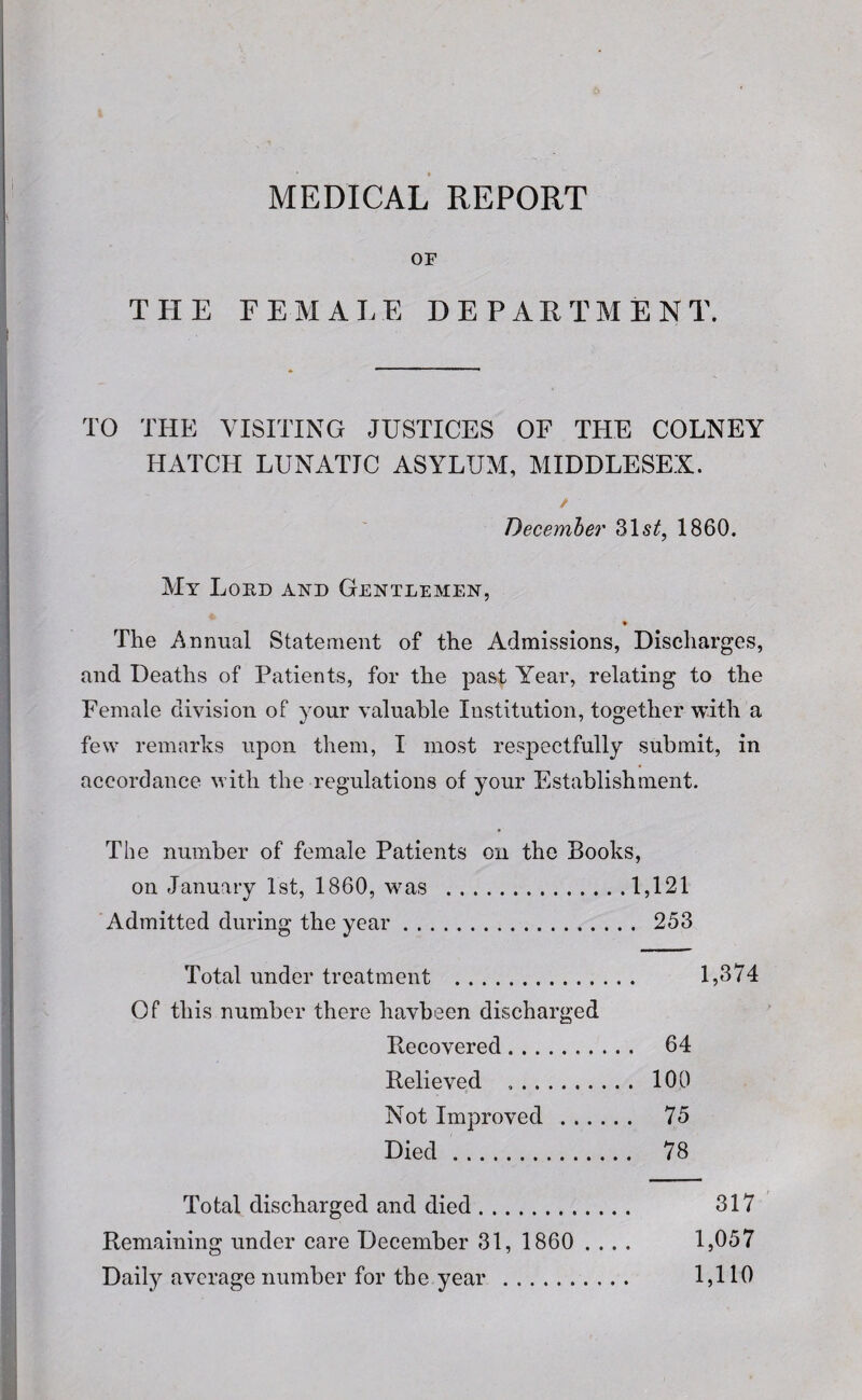 MEDICAL REPORT OF THE FEMALE DEPARTMENT. TO THE VISITING JUSTICES OF THE COLNEY HATCH LUNATIC ASYLUM, MIDDLESEX. / December 31 st, 1860. My Lord and Gentlemen, * The Annual Statement of the Admissions, Discharges, and Deaths of Patients, for the past Year, relating to the Female division of your valuable Institution, together with a few remarks upon them, I most respectfully submit, in accordance with the regulations of your Establishment. The number of female Patients on the Books, on January 1st, 1860, was .1,121 Admitted during the year. 253 Total under treatment . 1,374 Of this number there havbeen discharged Recovered. 64 Relieved .. 100 Not Improved . 75 Died. 78 Total discharged and died. 317 Remaining under care December 31, 1860 .... 1,057 Daily average number for the year . 1,110