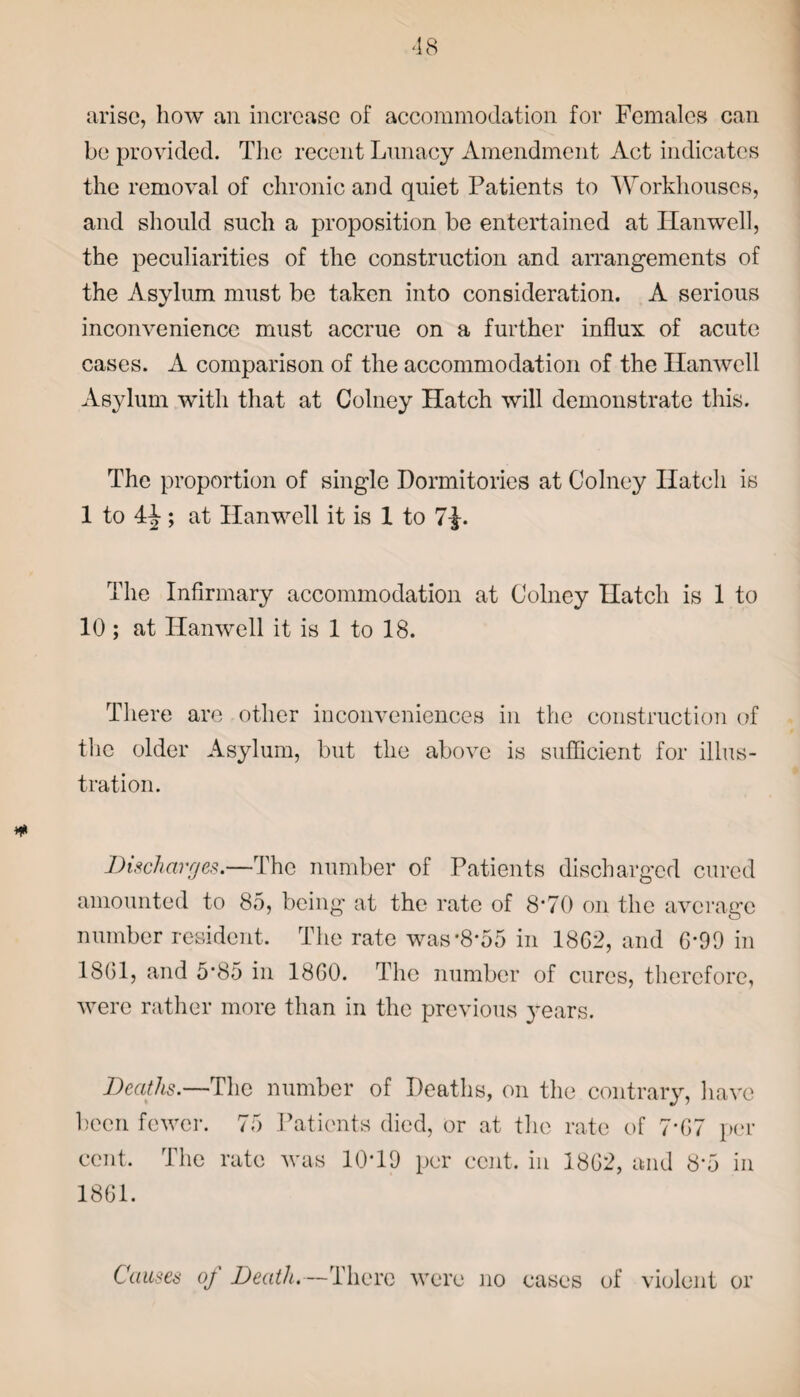 arise, how an increase of accommodation for Females can be provided. The recent Lunacy Amendment Act indicates the removal of chronic and quiet Patients to Workhouses, and should such a proposition be entertained at Hanwell, the peculiarities of the construction and arrangements of the Asylum must be taken into consideration. A serious inconvenience must accrue on a further influx of acute cases. A comparison of the accommodation of the Hanwell Asylum with that at Colney Hatch will demonstrate this. The proportion of single Dormitories at Colney Hatch is 1 to 4J-; at Hanwell it is 1 to 7£. The Infirmary accommodation at Colney Hatch is 1 to 10 ; at Hanwell it is 1 to 18. There are other inconveniences in the construction of the older Asylum, but the above is sufficient for illus¬ tration. Discharges.—The number of Patients discharged cured amounted to 85, being at the rate of 8'70 on the average number resident. The rate was-8*55 in 1862, and 6*99 in 1861, and 5*85 in 1860. The number of cures, therefore, were rather more than in the previous years. Deaths.—The number of Deaths, on the contrary, have been fewer. 75 Patients died, or at the rate of 7*67 per cent. The rate was 10*19 per cent, in 1862, and 8*5 in 1861. Causes of Death.—There were no cases of violent or