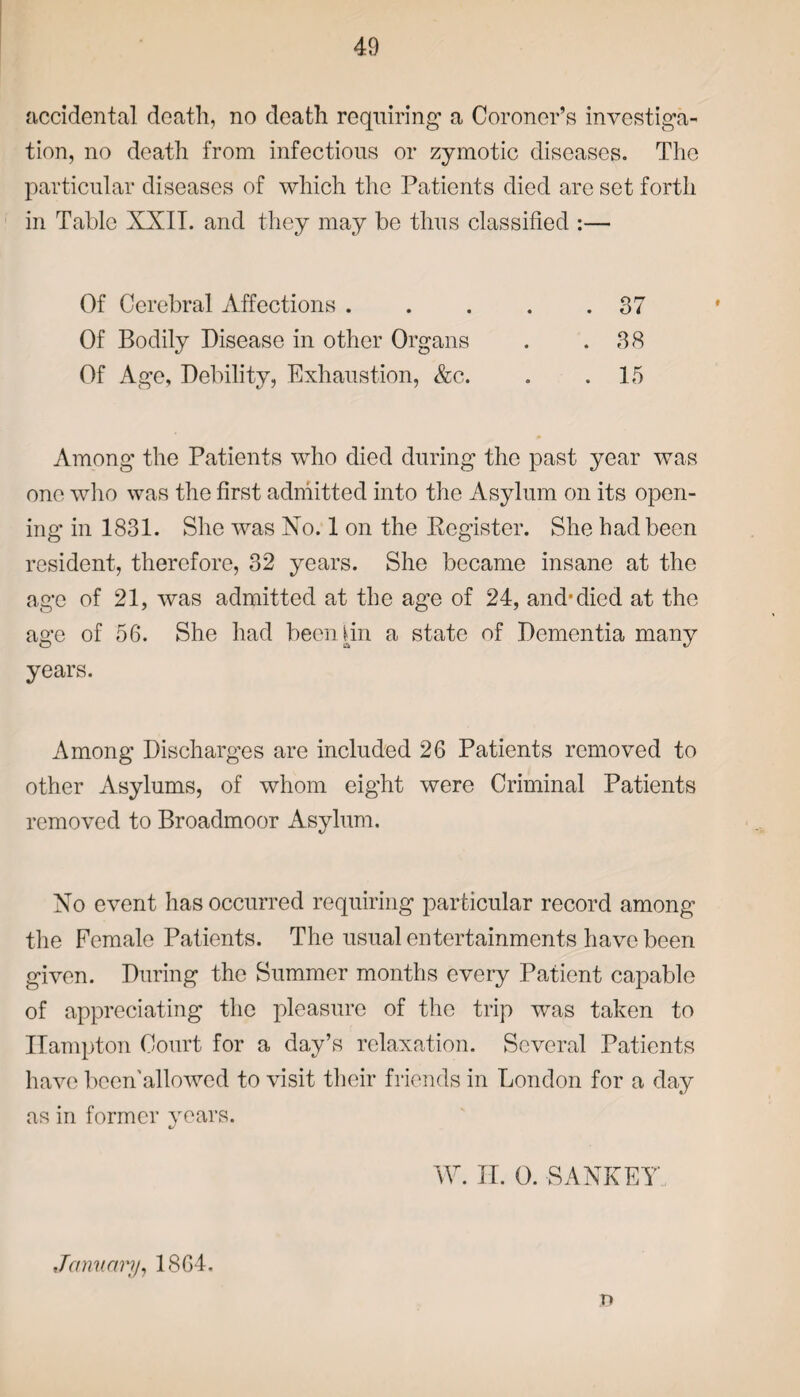 accidental death, no death requiring a Coroner’s investiga¬ tion, no death from infectious or zymotic diseases. The particular diseases of which the Patients died are set forth in Table XXII. and they may be thus classified :— Of Cerebral Affections.37 Of Bodily Disease in other Organs . .38 Of Age, Debility, Exhaustion, &c. . .15 Among the Patients who died during the past year was one who was the first admitted into the Asylum on its open¬ ing in 1831. She was No. 1 on the Register. She had been resident, therefore, 32 years. She became insane at the age of 21, was admitted at the age of 24, and* died at the age of 56. She had been bn a state of Dementia many years. Among Discharges are included 26 Patients removed to other Asylums, of whom eight were Criminal Patients removed to Broadmoor Asylum. No event has occurred requiring particular record among the Female Patients. The usual entertainments have been given. During the Summer months every Patient capable of appreciating the pleasure of the trip was taken to Hampton Court for a day’s relaxation. Several Patients have been'allowcd to visit their friends in London for a day as in former years. W. IT. 0. BANKET January, 1864. n