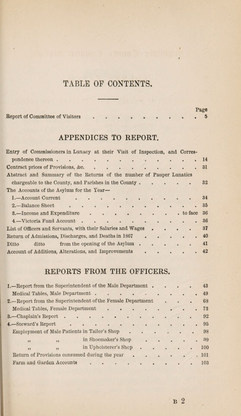 TABLE OF CONTENTS Report of Committee of Visitors Page . 5 APPENDICES TO REPORT. Entry of Commissioners in Lunacy at their Visit of Inspection, and Corres¬ pondence thereon. 14 Contract prices of Provisions, &c..31 Abstract and Summary of the Returns of the number of Pauper Lunatics chargeable to the County, and Parishes in the County ..... 32 The Accounts of the Asylum for the Year— 1. —Account Current.. . 34 2. —Balance Sheet.35 8.—Income and Expenditure.to face 36 4.—Victoria Fund Account.36 List of Officers and Servants, with their Salaries and Wages .... 37 Return of Admissions, Discharges, and Deaths in 1867 . . . . . 40 Ditto ditto from the opening of the Asylum.41 Account of Additions, Alterations, and Improvements.42 REPORTS FROM THE OFFICERS. 1. —Report from the Superintendent of the Male Department .... 43 Medical Tables, Male Department.49 2. —Report from the Superintendent of the Female Department ... 68 Medical Tables, Female Department.73 3. —Chaplain’s Report.. . 92 4. —Steward’s Report.95 Employment of Male Patients in Tailor’s Shop.98 „ ,, in Shoemaker’s Shop.99 ,, „ in Upholsterer’s Shcp.100 Return of Provisions consumed during the year.101 Farm and Garden Accounts ..103