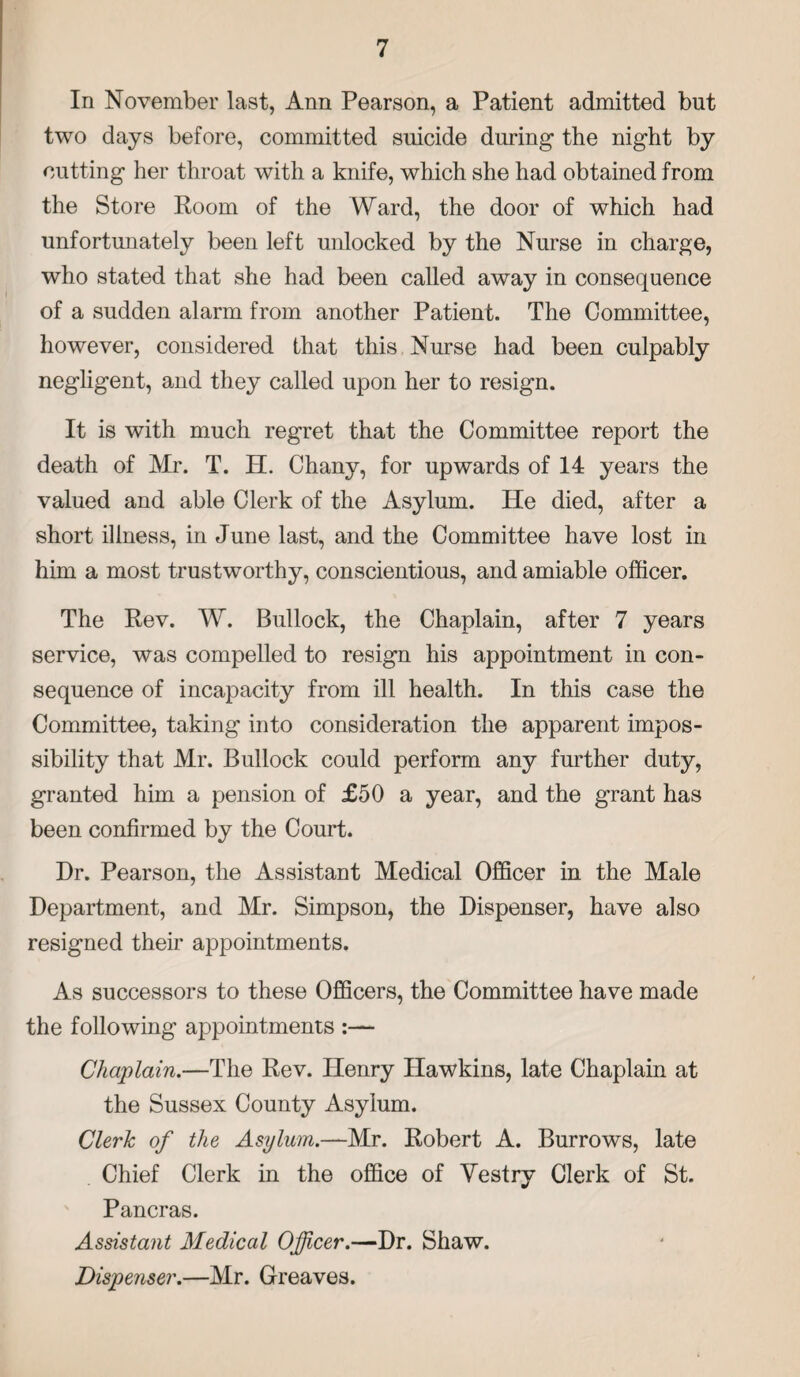 In November last, Ann Pearson, a Patient admitted but two days before, committed suicide during the night by cutting her throat with a knife, which she had obtained from the Store Room of the Ward, the door of which had unfortunately been left unlocked by the Nurse in charge, who stated that she had been called away in consequence of a sudden alarm from another Patient. The Committee, however, considered that this Nurse had been culpably negligent, and they called upon her to resign. It is with much regret that the Committee report the death of Mr. T. H. Chany, for upwards of 14 years the valued and able Clerk of the Asylum. He died, after a short illness, in June last, and the Committee have lost in him a most trustworthy, conscientious, and amiable officer. The Rev. W. Bullock, the Chaplain, after 7 years service, was compelled to resign his appointment in con¬ sequence of incapacity from ill health. In this case the Committee, taking into consideration the apparent impos¬ sibility that Mr. Bullock could perform any further duty, granted him a pension of £50 a year, and the grant has been confirmed by the Court. Dr. Pearson, the Assistant Medical Officer in the Male Department, and Mr. Simpson, the Dispenser, have also resigned their appointments. As successors to these Officers, the Committee have made the following appointments :— Chaplain.—The Rev. Henry Hawkins, late Chaplain at the Sussex County Asylum. Cleric of the Asylum.—Mr. Robert A. Burrows, late Chief Clerk in the office of Vestry Clerk of St. Pancras. Assistant Medical Officer.—Dr. Shaw. Dispenser.—Mr. Greaves.