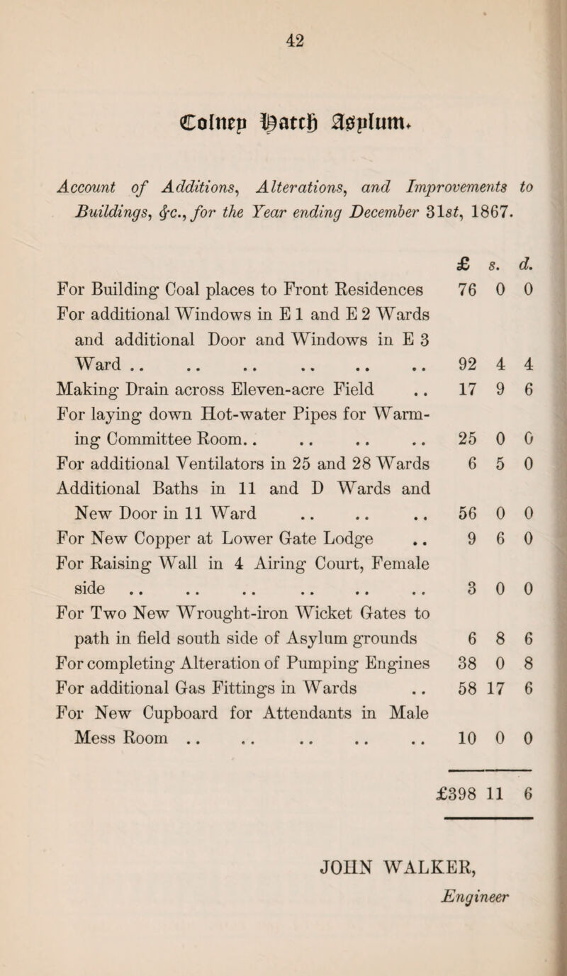 Coltiep ^atcj) 30plum* Account of Additions, Alterations, and Improvements to Buildings, fyc.,for the Year ending December 31 1867. £ s. d. 76 0 0 92 4 4 17 9 6 25 0 0 6 5 0 56 0 0 9 6 0 3 0 0 6 8 6 38 0 8 58 17 6 10 0 0 £398 11 6 JOHN WALKER, Engineer For Building Coal places to Front Residences For additional Windows in E 1 and E 2 Wards and additional Door and Windows in E 3 IV ard »• .. .. •« •• •• Making Drain across Eleven-acre Field For laying down Hot-water Pipes for Warm¬ ing Committee Room.. For additional Ventilators in 25 and 28 Wards Additional Baths in 11 and D Wards and New Door in 11 Ward For New Copper at Lower Gate Lodge For Raising Wall in 4 Airing Court, Female side •• • • • • «• • • .. For Two New Wrought-iron Wicket Gates to path in field south side of Asylum grounds For completing Alteration of Pumping Engines For additional Gas Fittings in Wards For New Cupboard for Attendants in Male Mess Room ..