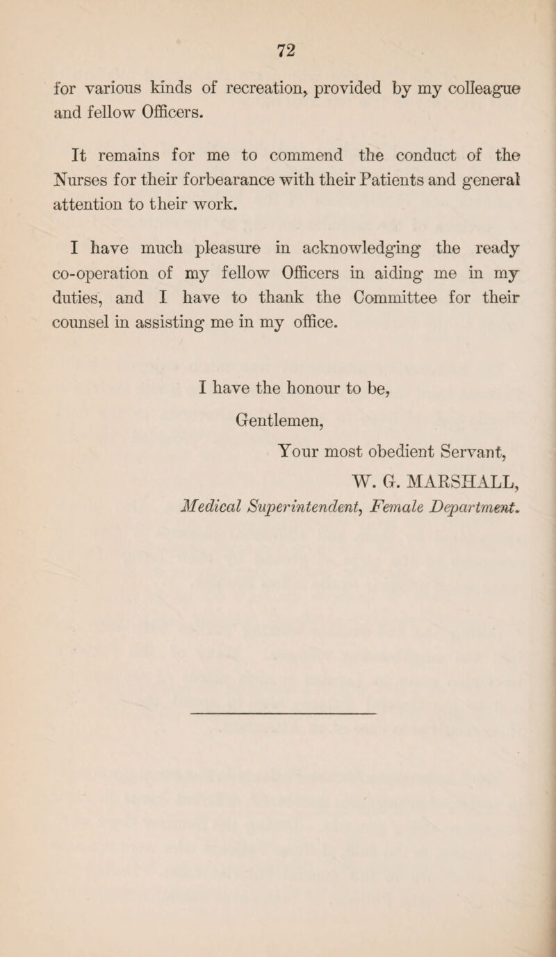 for various kinds of recreation provided by my colleague and fellow Officers. It remains for me to commend the conduct of the Nurses for their forbearance with their Patients and general attention to their work. I have much pleasure in acknowledging the ready co-operation of my fellow Officers in aiding me in my duties, and I have to thank the Committee for their counsel in assisting me in my office. I have the honour to be, Gentlemen, Your most obedient Servant, W. G. MARSHALL, Medical Superintendent, Female Department.