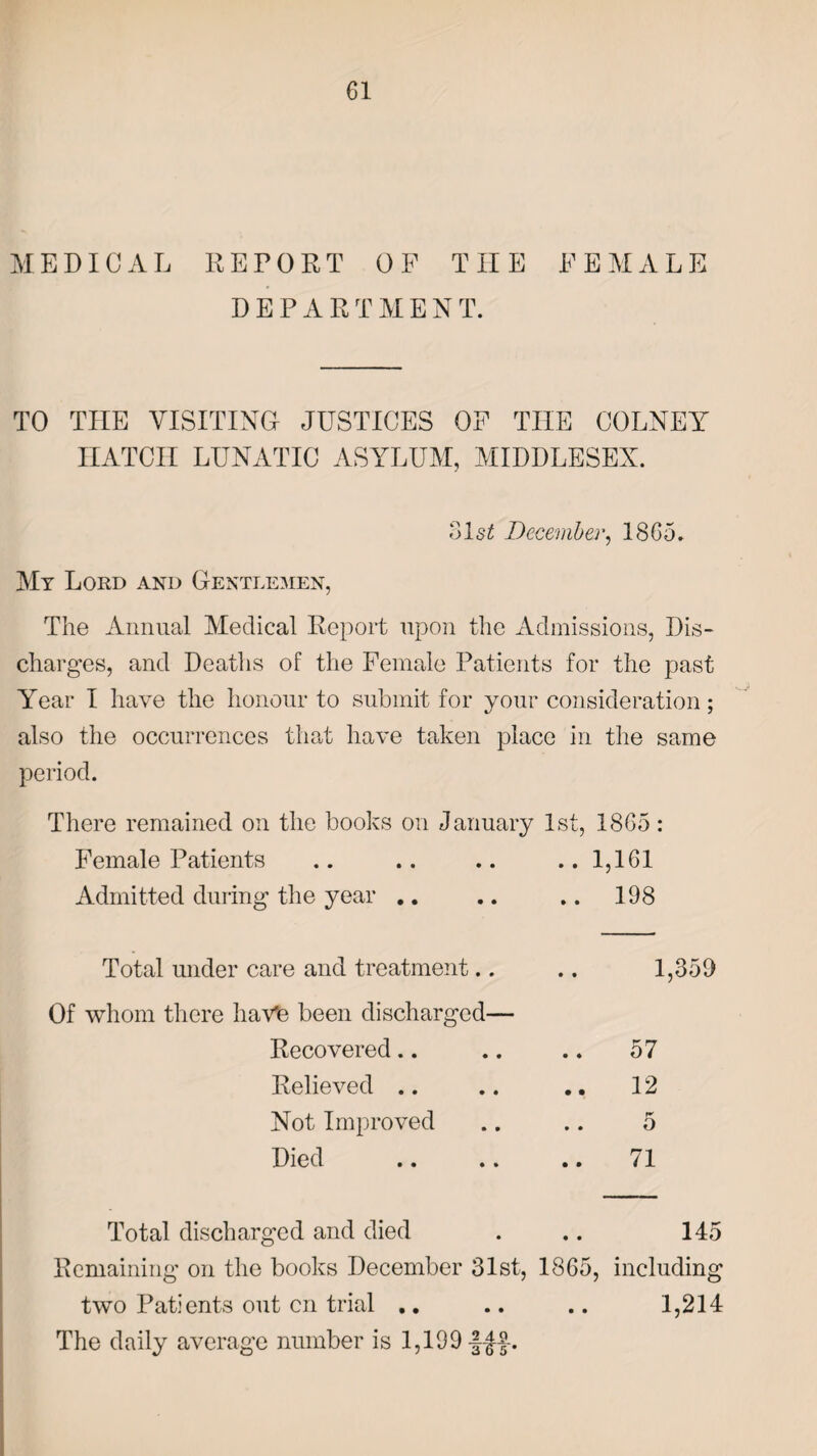 MEDICAL REPORT OF THE FEMALE DEPARTMENT. TO THE VISITING JUSTICES OF THE COLNEY HATCH LUNATIC ASYLUM, MIDDLESEX. 31 st December, 1865. My Lord and Gentlemen, The Annual Medical Report upon the Admissions, Dis¬ charges, and Deaths of the Female Patients for the past Year I have the honour to submit for your consideration; also the occurrences that have taken place in the same period. There remained on the books on January 1st, 1865: Female Patients .. .. .. ..1,161 Admitted during the year .. .. .. 198 Total under care and treatment.. Of whom there have been discharged— Recovered Relieved .. Not Improved Died 1,359 57 12 K O 71 Total discharged and died . .. 145 Remaining on the books December 31st, 1865, including two Patients out cn trial .. .. .. 1,214 The daily average number is 1,199 fff.