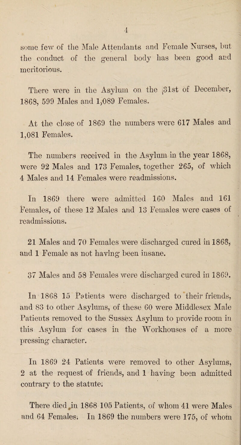 some few of the Male Attendants and Female Nurses, but the conduct of the general body lias been good and meritorious. There were in the Asylum on the ^31st of December, 1868, 599 Males and 1,089 Females, At the close of 1869 the numbers were 617 Males and 1,081 Females. The numbers received in the Asylum in the year 1868, were 92 Males and 173 Females, together 265, of which 4 Males and 14 Females were readmissions. In 1869 there were admitted 160 Males and 161 Females, of these 12 Males and 13 Females were cases of readmissions. 21 Males and 70 Females were discharged cured in 1868, and 1 Female as not having been insane. 37 Males and 58 Females were discharged cured in 1869. In 1868 15 Patients were discharged to their friends, and 83 to other Asylums, of these 60 were Middlesex Male Patients removed to the Sussex Asylum to provide room in this Asylum for cases in the Workhouses of a more pressing character. In 1869 24 Patients were removed to other Asylums, 2 at the request of friends, and 1 having been admitted contrary to the statute; There died in 1868 105 Patients, of whom 41 were Males and 64 Females; In 1869 the numbers were 175, of whom