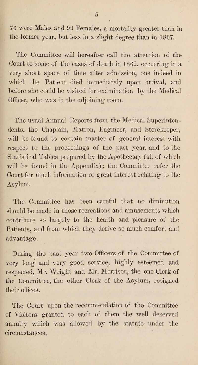 76 were Males and 99 Females, a mortality greater than in the former year, but less in a slight degree than in 1867. The Committee will hereafter call the attention of the Court to some of the cases of death in 1869, occurring in a very short space of time after admission, one indeed in which the Patient died immediately upon arrival, and before she could be visited for examination by the Medical Officer, who was in the adjoining room. The usual Annual Reports from the Medical Superinten¬ dents, the Chaplain, Matron, Engineer, and Storekeeper, will be found to contain matter of general interest with respect to the proceedings of the past year, and to the Statistical Tables prepared by the Apothecary (all of which will be found in the Appendix); the Committee refer the Court for much information of great interest relating to the Asylum. The Committee has been careful that no diminution should be made in those recreations and amusements which contribute so largely to the health and pleasure of the Patients, and from which they derive so much comfort and advantage. During the past year two Officers of the Committee of very long and very good service, highly esteemed and respected, Mr. Wright and Mr. Morrison, the one Clerk of the Committee, the other Clerk of the Asylum, resigned their offices. The Court upon the recommendation of the Committee of Visitors granted to each of them the well deserved annuity which was allowed by the statute under the circumstances,