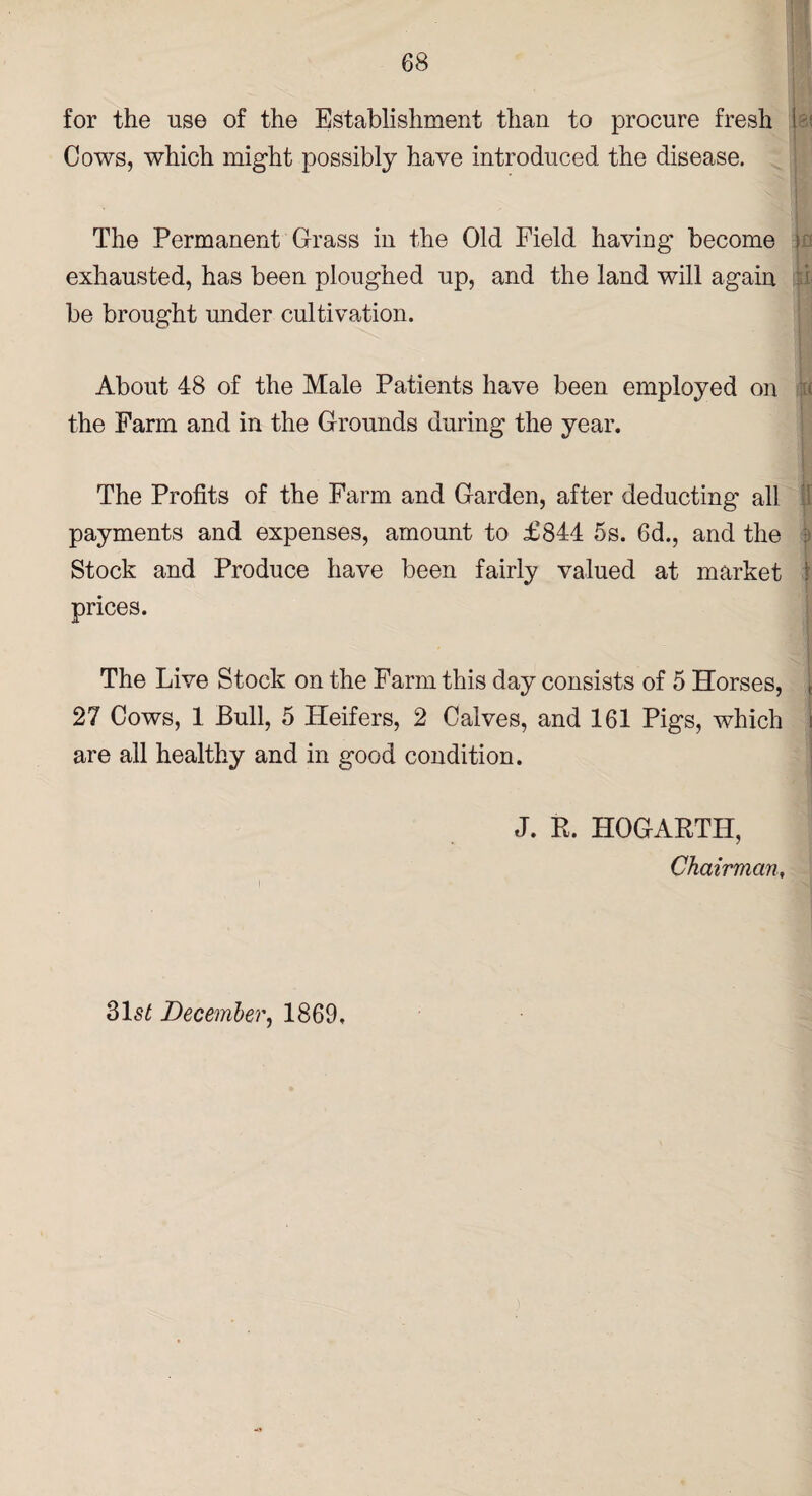 for the use of the Establishment than to procure fresh Cows, which might possibly have introduced the disease. .8! The Permanent Grass in the Old Field having become exhausted, has been ploughed up, and the land will again be brought under cultivation. About 48 of the Male Patients have been employed on the Farm and in the Grounds during the year. h The Profits of the Farm and Garden, after deducting all payments and expenses, amount to £844 5s. 6d., and the Stock and Produce have been fairly valued at market prices. The Live Stock on the Farm this day consists of 5 Horses, 27 Cows, 1 Bull, 5 Heifers, 2 Calves, and 161 Pigs, which are all healthy and in good condition. J. R. HOGARTH, Chairman,
