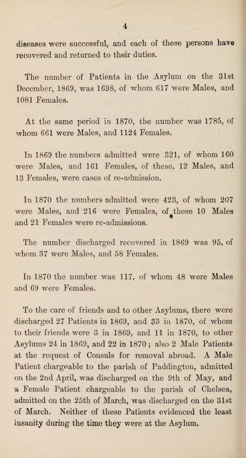 diseases were successful, and each of these persons have recovered and returned to their duties. The number of Patients in the Asylum on the 31st December, 1869, was 1698, of whom 617 were Males, and 1081 Females. At the same period in 1870, the number was 1785, of whom 661 were Males, and 1124 Females. In 1869 the numbers admitted were 321, of whom 160 were Males, and 161 Females, of these, 12 Males, and 13 Females, were cases of re-admission. In 1870 the numbers admitted were 423, of whom 207 were Males, and 216 were Females, of^these 10 Males and 21 Females were re-admissions. The number discharged recovered in 1869 was 95, of whom 37 were Males, and 58 Females. In 1870 the number was 117, of whom 48 were Males and 69 were Females. To the care of friends and to other Asylums, there were discharged 27 Patients in 1869, and 33 in 1870, of whom to their friends were 3 in 1869, and 11 in 1870, to other Asylums 24 in 1869, and 22 in 1870 ; also 2 Male Patients at the request of Consuls for removal abroad. A Male Patient chargeable to the parish of Paddington, admitted on the 2nd April, was discharged on the 9th of May, and a Female Patient chargeable to the parish of Chelsea, admitted on the 25th of March, was discharged on the 31st of March. Neither of these Patients evidenced the least insanity during the time they were at the Asylum.