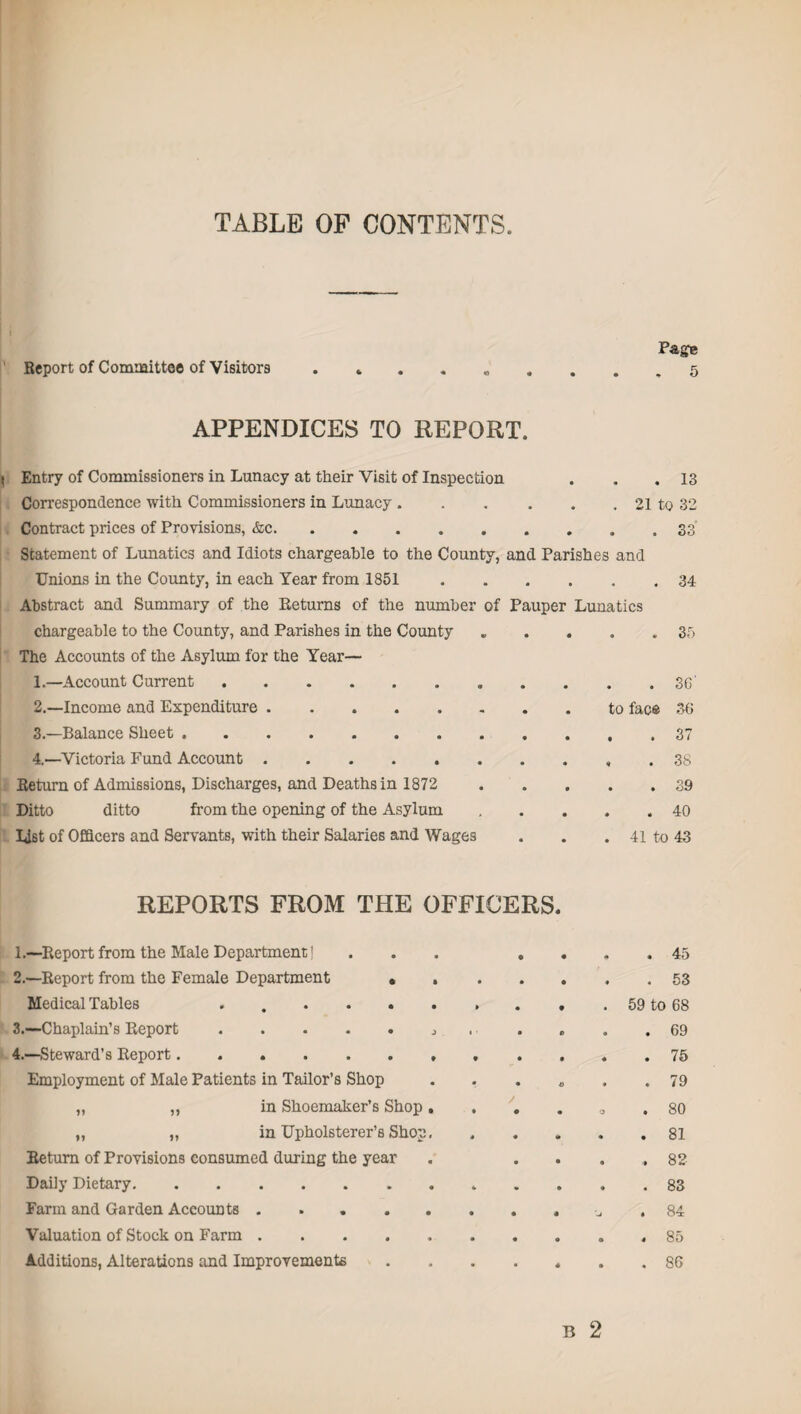 TABLE OF CONTENTS. Page Report of Committee of Visitors ........ „ 5 APPENDICES TO REPORT. Entry of Commissioners in Lunacy at their Visit of Inspection . . . 13 Correspondence with Commissioners in Lunacy.21 to 32 Contract prices of Provisions, &c.33 Statement of Lunatics and Idiots chargeable to the County, and Parishes and Unions in the County, in each Year from 1851.34 Abstract and Summary of the Returns of the number of Pauper Lunatics chargeable to the County, and Parishes in the County „ . . . .35 The Accounts of the Asylum for the Year— 1. —Account Current.. . . 3G' 2. —Income and Expenditure.to face 36 3. —Balance Sheet..37 4. —Victoria Fund Account.. . 38 Return of Admissions, Discharges, and Deaths in 1872 . 39 Ditto ditto from the opening of the Asylum.40 Li6t of Officers and Servants, with their Salaries and Wages . . . 41 to 43 REPORTS FROM THE OFFICERS. 1. —Report from the Male Department! ... .... 45 2. —Report from the Female Department • ..53 Medical Tables . . . . ..59 to 68 3. —Chaplain’s Report.. . . .69 4. —Steward’s Report. 75 Employment of Male Patients in Tailor’s Shop 0 . . 79 „ ,, in Shoemaker’s Shop.... 0 . 80 „ „ in Upholsterer’s Shop, ..... 81 Return of Provisions consumed during the year . .... 82 Daily Dietary. 83 Farm and Garden Accounts. 84 Valuation of Stock on Farm..85 Additions, Alterations and Improvements . . . . . . .86