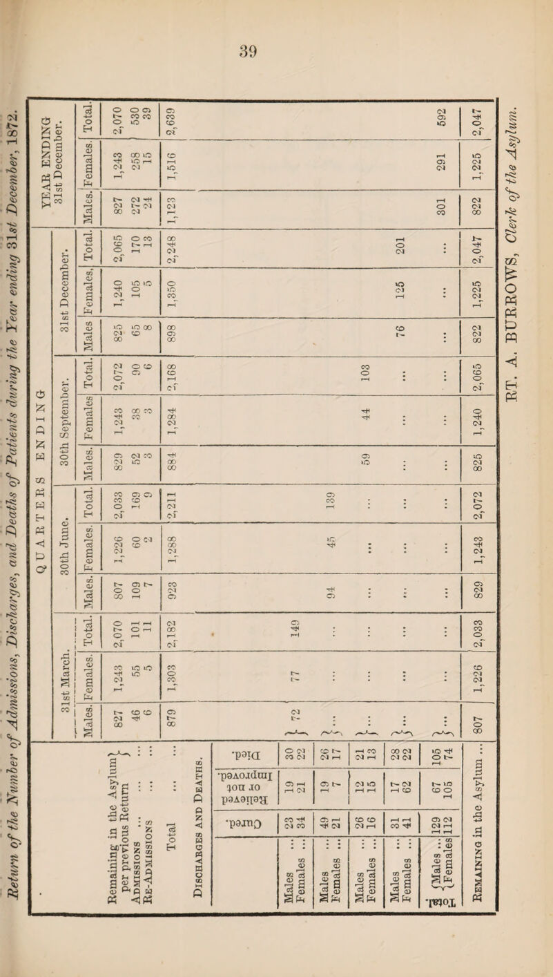 Return of the Number of Admissions, Discharges, and Deaths of Patients during the Year ending 315/ December, 1872.