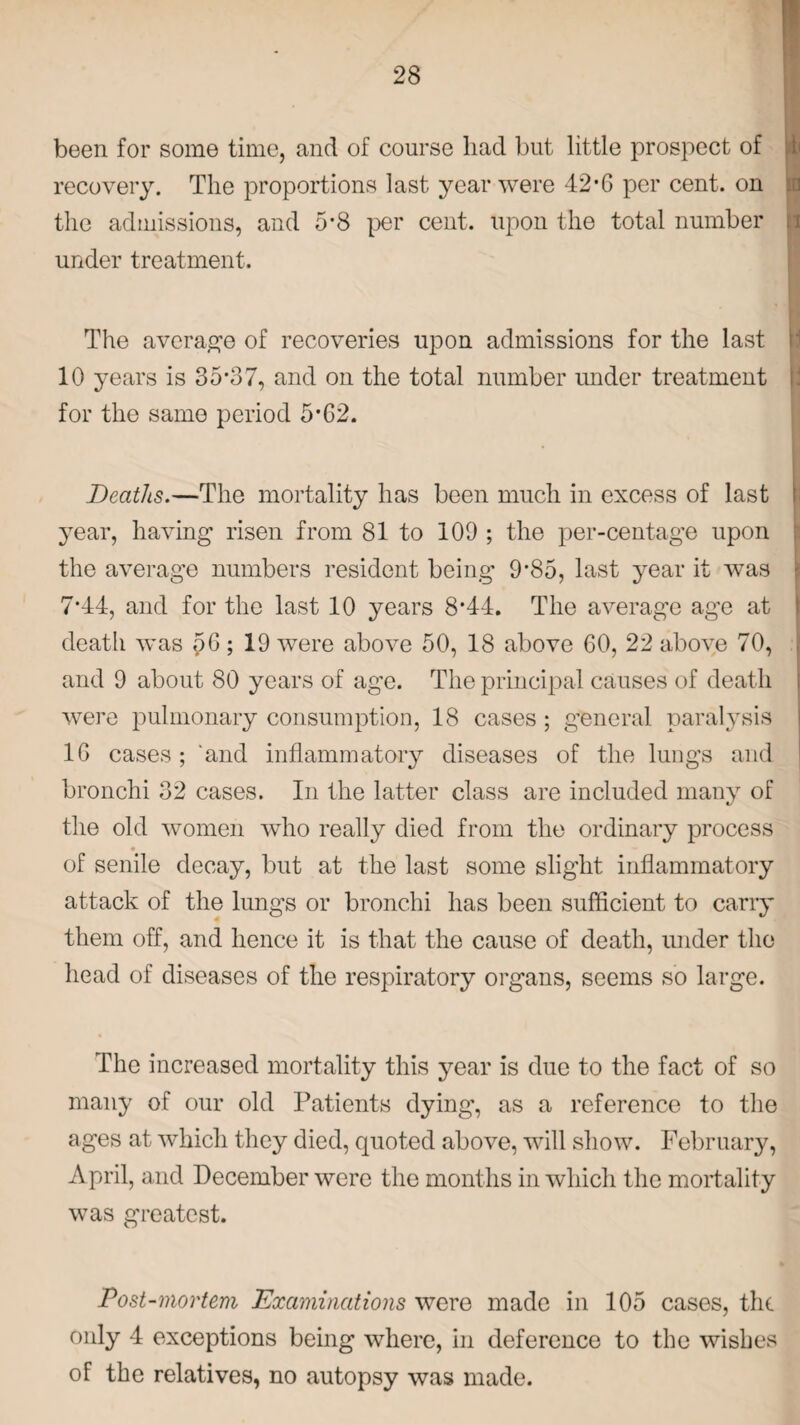 been for some time, and of course had but little prospect of recovery. The proportions last year were 42*6 per cent, on the admissions, and 5-8 per cent, upon the total number under treatment. ri The average of recoveries upon admissions for the last 10 years is 35*37, and on the total number under treatment for the same period 5*62. Deaths.—The mortality has been much in excess of last year, having risen from 81 to 109 ; the per-centage upon the average numbers resident being 9’85, last year it wTas 7*44, and for the last 10 years 8*44. The average age at death was 56; 19 were above 50, 18 above 60, 22 above 70, and 9 about 80 years of age. The principal causes of death were pulmonary consumption, 18 cases ; general paralysis 16 cases ; ‘and inflammatory diseases of the lungs and bronchi 32 cases. In the latter class are included many of the old women who really died from the ordinary process of senile decay, but at the last some slight inflammatory attack of the lungs or bronchi has been sufficient to carry them off, and hence it is that the cause of death, under the head of diseases of the respiratory organs, seems so large. The increased mortality this year is due to the fact of so many of our old Patients dying’, as a reference to the ages at which they died, quoted above, will show. February, April, and December were the months in which the mortality was greatest. Post-mortem Examinations were made in 105 cases, the only 4 exceptions being where, in deference to the wishes of the relatives, no autopsy was made.