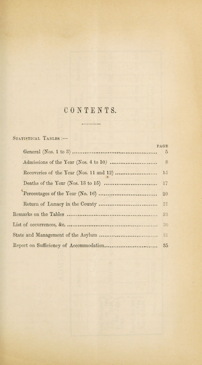 CONTENTS. Statistical Tables :— PAGE General (Nos. 1 to 3) ....... 5 Admissions of the Year (Nos. 4 to 10) ... 8 Recoveries of the Year (Nos. 11 and 12). 15 * Deaths of the Year (Nos. 13 to 15) . 17 Percentages of the Year (No. 16) . 20 Return of Lunacy in the County .... 21 Remarks on the Tables .... 28 List of occurrences, &c. 30 State and Management of the Asylum.. 31 Report on Sufficiency of Accommodation 35