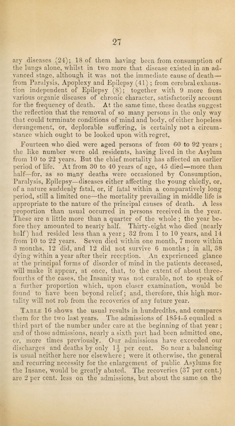 21 ary diseases (24); 18 of them having been from consumption of the lungs alone, whilst in two more that disease existed in an ad¬ vanced stage, although it was not the immediate cause of death— from Paralysis, Apoplexy and Epilepsy (41) ; from cerebral exhaus¬ tion independent of Epilepsy (8); together with 9 more from various organic diseases of chronic character, satisfactorily account for the frequency of death. At the same time, these deaths suggest the reflection that the removal of so many persons in the only way that could terminate conditions of mind and body, of either hopeless derangement, or, deplorable suffering, is certainly not a circum¬ stance which ought to be looked upon with regret, Fourteen who died were aged persons of from 60 to 92 years ; the like number were old residents, having lived in the Asylum from 10 to 22 years. But the chief mortality has affected an earlier period of life. At from 30 to 40 years of age, 45 died—more than half—for, as so many deaths were occasioned by Consumption, Paralysis, Epilepsy—diseases either affecting the young chiefly, or, of a nature suddenly fatal, or, if fatal within a comparatively long period, still a limited one—the mortality prevailing in middle life is appropriate to the nature of the principal causes of death. A less proportion than usual occurred in persons received in the year. These are a little more than a quarter of the whole ; the year be¬ fore they amounted to nearly half. Thirty-eight who died (nearly half) had resided less than a year ; 32 from 1 to 10 years, and 14 from 10 to 22 years. Seven died within one month, 7 more within 3 months, 12 did, and 12 did not survive 6 months ; in all, 38 dying within a year after their reception. An experienced glance at the principal forms of disorder of mind in the patients deceased, will make it appear, at once, that, to the extent of about three- fourths of the cases, the Insanity was not curable, not to speak of a further proportion which, upon closer examination, would be found to have been beyond relief; and, therefore, this high mor¬ tality will not rob from the recoveries of any future year. Table 16 shows the usual results in hundredths, and compares them for the two last years. The admissions of 1854-5 equalled a third part of the number under care at the beginning of that year ; and of those admissions, nearly a sixth part had been admitted one, or, more times previously. Our admissions have exceeded our discharges and deaths by only \\ per cent. So near a balancing is usual neither here nor elsewhere; were it otherwise, the general and recurring necessity for the enlargement of public Asylums for the Insane, would be greatly abated. The recoveries (37 per cent.)