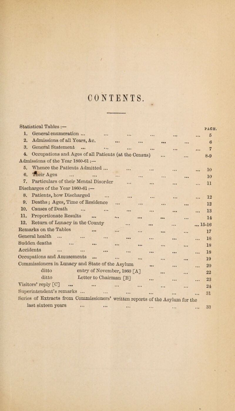 CONTENTS. Statistical Tables:— 1. General enumeration ... 2. Admissions of all Years, &c. 3. General Statement 4. Occupations and Ages of all Patients (at the Census) Admissions of the Year 1860-61:— 5. Whence the Patients Admitted ... 6. AeirAges 7. Particulars of their Mental Disorder Discharges of the Year 1860-61:— 8. Patients, how Discharged 9. Deaths; Ages, Time of Residence 10. Causes of Death 11. Proportionate Results 12. Return of Lunacy in the County Remarks on the Tables General health ... Sudden deaths Accidents Occupations and Amusements ... Commissioners in Lunacy and State of the Asylum ditto entry of November, 1860 [A] ditto Letter to Chairman [B] Visitors’ reply [C] Superintendent’s remarks ... Series of Extracts from Commissioners’ last sixteen years written reports of the Asylum for PAGE. 5 6 7 8-9 ... 10 10 ... 11 ... 12 12 ... 13 14 ... 15-16 17 ... 18 18 ... 18 19 ... 20 22 ... 23 24 ... 31 the ... 33