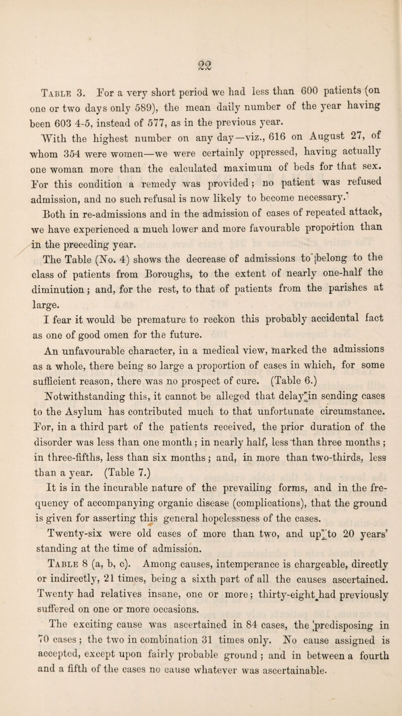 one or two days only 589), the mean daily number of the year haying been 603 4-5, instead of 577, as in the previous year. With the highest number on any day—viz., 616 on August 2/, of whom 354 were women—we were certainly oppressed, haying actually one woman more than the calculated maximum of beds for that sex. Tor this condition a remedy was provided; no patient was refused admission, and no such refusal is now likely to become necessary. Toth in re-admissions and in the admission of cases of repeated attack, we have experienced a much lower and more favourable proportion than in the preceding year. The Table (No. 4) shows the decrease of admissions to (belong to the class of patients from Boroughs, to the extent of nearly one-half the diminution; and, for the rest, to that of patients from the parishes at large. I fear it would be premature to reckon this probably accidental fact as one of good omen for the future. An unfavourable character, in a medical view, marked the admissions as a whole, there being so large a proportion of cases in which, for some sufficient reason, there was no prospect of cure. (Table 6.) Notwithstanding this, it cannot be alleged that delay in sending cases to the Asylum has contributed much to that unfortunate circumstance. Tor, in a third part of the patients received, the prior duration of the disorder was less than one month; in nearly half, less than three months ; in three-fifths, less than six. months ; and, in more than two-thirds, less than a year. (Table 7.) It is in the incurable nature of the prevailing forms, and in the fre¬ quency of accompanying organic disease (complications), that the ground is given for asserting this general hopelessness of the cases. Twenty-six were old cases of more than two, and up^'to 20 years’ standing at the time of admission. Table 8 (a, b, c). Among causes, intemperance is chargeable, directly or indirectly, 21 times, being a sixth part of all the causes ascertained. Twenty had relatives insane, one or more; thirty-eightJiad previously suffered on one or more occasions. The exciting cause was ascertained in 84 cases, the ’predisposing in 70 cases; the two in combination 31 times only. No cause assigned is accepted, except upon fairly probable ground ; and in between a fourth and a fifth of the cases no cause whatever was ascertainable.