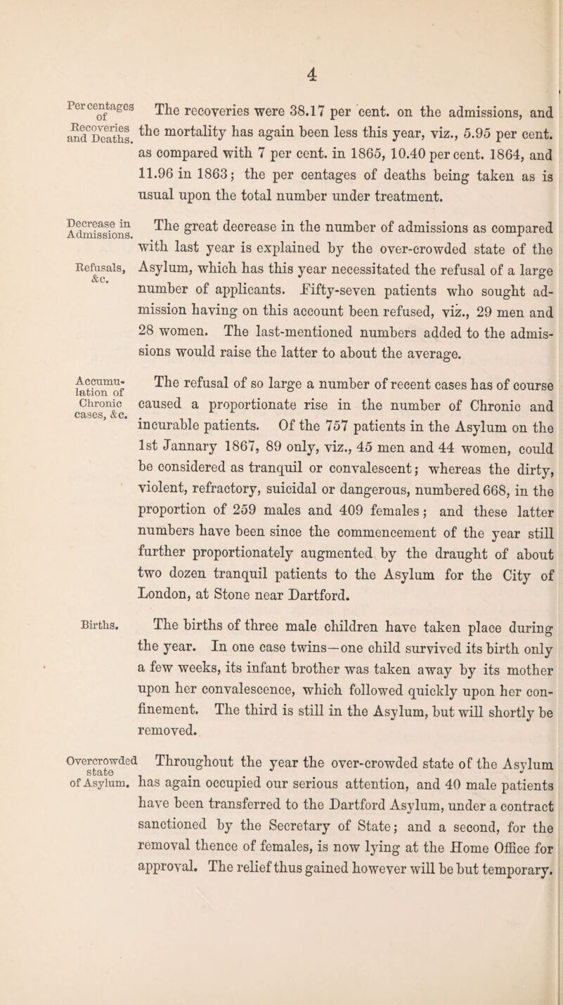 » Percentages The recoveries were 38.17 per cent, on the admissions, and andCDVeaths. tlie mortal% has again been less this year, viz., 5.95 per cent. as compared with 7 per cent, in 1865, 10.40 percent. 1864, and 11.96 in 1863; the per centages of deaths being taken as is nsual npon the total number under treatment. Admissions ^he Srea^ decrease in the number of admissions as compared with last year is explained by the over-crowded state of the Befusais, Asylum, which has this year necessitated the refusal of a large number of applicants. .Fifty-seven patients who sought ad¬ mission having on this account been refused, viz., 29 men and 28 women. The last-mentioned numbers added to the admis¬ sions would raise the latter to about the average. Accumu¬ lation of Chronic cases, &c. The refusal of so large a number of recent cases has of course caused a proportionate rise in the number of Chronic and incurable patients. Of the 757 patients in the Asylum on the 1st Jannary 1867, 89 only, viz., 45 men and 44 women, could be considered as tranquil or convalescent; whereas the dirty, violent, refractory, suicidal or dangerous, numbered 668, in the proportion of 259 males and 409 females; and these latter numbers have been since the commencement of the year still further proportionately augmented by the draught of about two dozen tranquil patients to the Asylum for the City of London, at Stone near Dartford. Births. The births of three male children have taken place during the year. In one case twins—one child survived its birth only a few weeks, its infant brother was taken away by its mother upon her convalescence, which followed quickly upon her con¬ finement. The third is still in the Asylum, but will shortly be removed. Overcrowded Throughout the year the over-crowded state of the Asylum of Asylum, has again occupied our serious attention, and 40 male patients have been transferred to the Dartford Asylum, under a contract sanctioned by the Secretary of State; and a second, for the removal thence of females, is now lying at the Home Office for approval. The relief thus gained however will be but temporary.