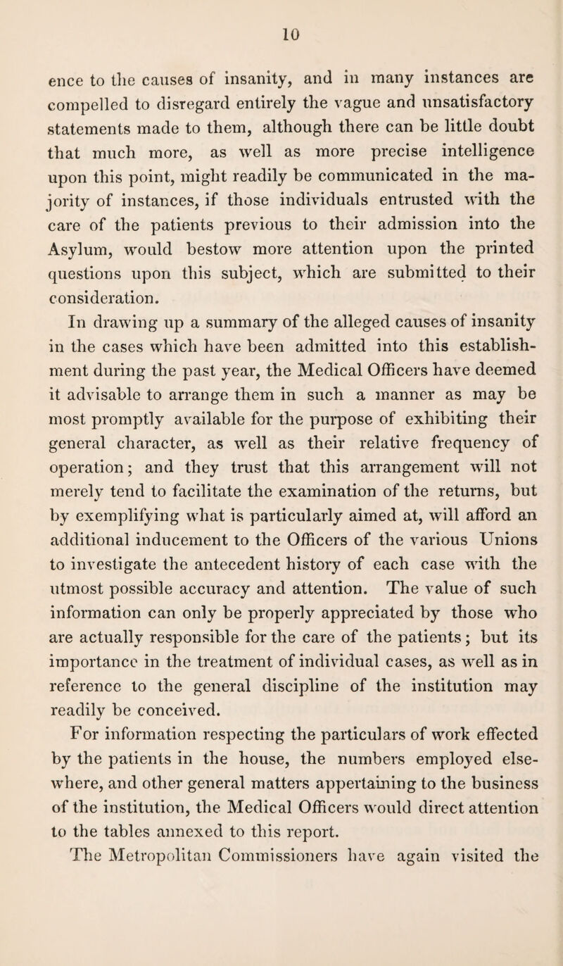 ence to the causes of insanity, and in many instances are compelled to disregard entirely the vague and unsatisfactory statements made to them, although there can be little doubt that much more, as well as more precise intelligence upon this point, might readily be communicated in the ma¬ jority of instances, if those individuals entrusted with the care of the patients previous to their admission into the Asylum, would bestow more attention upon the printed questions upon this subject, which are submitted to their consideration. In drawing up a summary of the alleged causes of insanity in the cases which have been admitted into this establish¬ ment during the past year, the Medical Officers have deemed it advisable to arrange them in such a manner as may be most promptly available for the purpose of exhibiting their general character, as well as their relative frequency of operation; and they trust that this arrangement will not merely tend to facilitate the examination of the returns, but by exemplifying what is particularly aimed at, will afford an additional inducement to the Officers of the various Unions to investigate the antecedent history of each case with the utmost possible accuracy and attention. The value of such information can only be properly appreciated by those who are actually responsible for the care of the patients; but its importance in the treatment of individual cases, as well as in reference to the general discipline of the institution may readily be conceived. For information respecting the particulars of work effected by the patients in the house, the numbers employed else¬ where, and other general matters appertaining to the business of the institution, the Medical Officers would direct attention to the tables annexed to this report. The Metropolitan Commissioners have again visited the