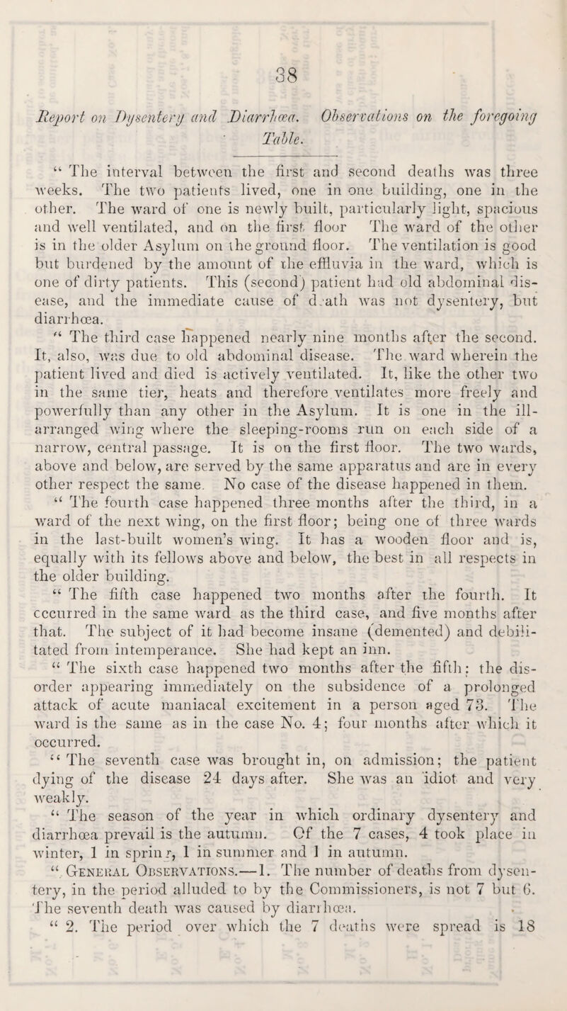 Report on Dysentery anil Diarrhoea. Observations on the foregoing Table. “ The interval between the first and second deaths was three weeks. The two patients lived, one in one building, one in the other. The ward of one is newly built, particularly light, spacious and well ventilated, and on the first floor The ward of the other is in the older Asylum on the ground floor. The ventilation is good but burdened by the amount of the effluvia in the ward, which is one of dirty patients. This (second) patient had old abdominal dis¬ ease, and the immediate cause of d.ath was not dysentery, but diarrhoea. '4 The third case happened nearly nine months after the second. It, also, was due to old abdominal disease. The ward wherein the patient lived and died is actively ventilated. It, like the other two in the same tier, heats and therefore ventilates more freely and powerfully than any other in the Asylum. It is one in the ill- arranged wing where the sleeping-rooms run on each side of a narrow, central passage. It is on the first floor. The two wards, above and below, are served by the same apparatus and are in every other respect the same. No case of the disease happened in them. “ The fourth case happened three months after the third, in a ward of the next wing, on the first floor; being one of three wards in the last-built women’s wing. It has a wooden floor and is, equally with its fellows above and below, the best in all respects in the older building. U The fifth case happened two months after the fourth. It occurred in the same ward as the third case, and five months after that. The subject of it had become insane (demented) and debili¬ tated from intemperance. She had kept an inn. 44 The sixth case happened two months after the fifth: the dis¬ order appearing immediately on the subsidence of a prolonged attack of acute maniacal excitement in a person aged 78. The ward is the same as in the case No. 4; four months after which it occurred. 44 The seventh case was brought in, on admission; the patient dying of the disease 24 days after. She was an idiot and very weakly. 44 The season of the year in which ordinary dysentery and diarrhoea prevail is the autumn. Of the 7 cases, 4 took place in winter, 1 in sprin r, 1 in summer and 1 in autumn. General Observations.—1. The number of deaths from dysen¬ tery, in the period alluded to by the Commissioners, is not 7 but 6. The seventh death was caused by diarrhoea.