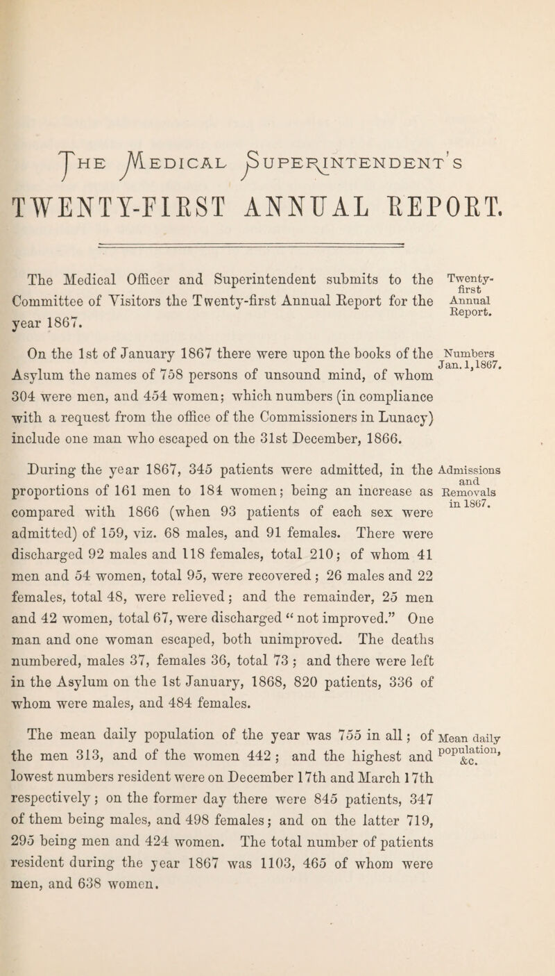 The ^VLedical ^Superintendent's TWENTY-FIRST ANNUAL REPOET. The Medical Officer and Superintendent submits to the Twenty- Committee of Visitors the Twenty-first Annual Report for the Annual Report. year 1867. On the 1st of January 1867 there were upon the hooks of the Numbers Asylum the names of 758 persons of unsound mind, of whom 304 were men, and 454 women; which numbers (in compliance with a request from the office of the Commissioners in Lunacy) include one man who escaped on the 31st December, 1866. During the year 1867, 345 patients were admitted, in the Admissions proportions of 161 men to 181 women; being an increase as Removals compared with 1866 (when 93 patients of each sex were m 18°7’ admitted) of 159, viz. 68 males, and 91 females. There were discharged 92 males and 118 females, total 210; of whom 41 men and 54 women, total 95, were recovered; 26 males and 22 females, total 48, were relieved; and the remainder, 25 men and 42 women, total 67, were discharged “ not improved.” One man and one woman escaped, both unimproved. The deaths numbered, males 37, females 36, total 73 ; and there were left in the Asylum on the 1st January, 1868, 820 patients, 336 of whom were males, and 484 females. The mean daily population of the year was 755 in all; of Mean daily the men 313, and of the women 442 ; and the highest and pop&c>tlon’ lowest numbers resident were on December 17th and March 17th respectively; on the former day there were 845 patients, 347 of them being males, and 498 females; and on the latter 719, 295 being men and 424 women. The total number of patients resident during the year 1867 was 1103, 465 of whom were men, and 638 women.