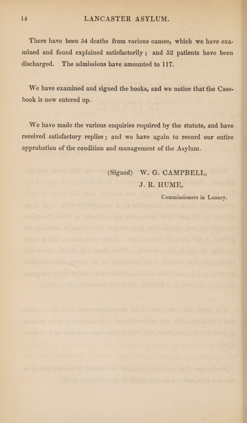 There have been 54 deaths from various causes, which we have exa¬ mined and found explained satisfactorily ; and 52 patients have been discharged. The admissions have amounted to 117. We have examined and signed the books, and we notice that the Case¬ book is now entered up. We have made the various enquiries required by the statute, and have received satisfactory replies ; and we have again to record our entire approbation of the condition and management of the Asylum. (Signed) W. G. CAMPBELL, J. R. HUME, Commissioners in Lunacy.