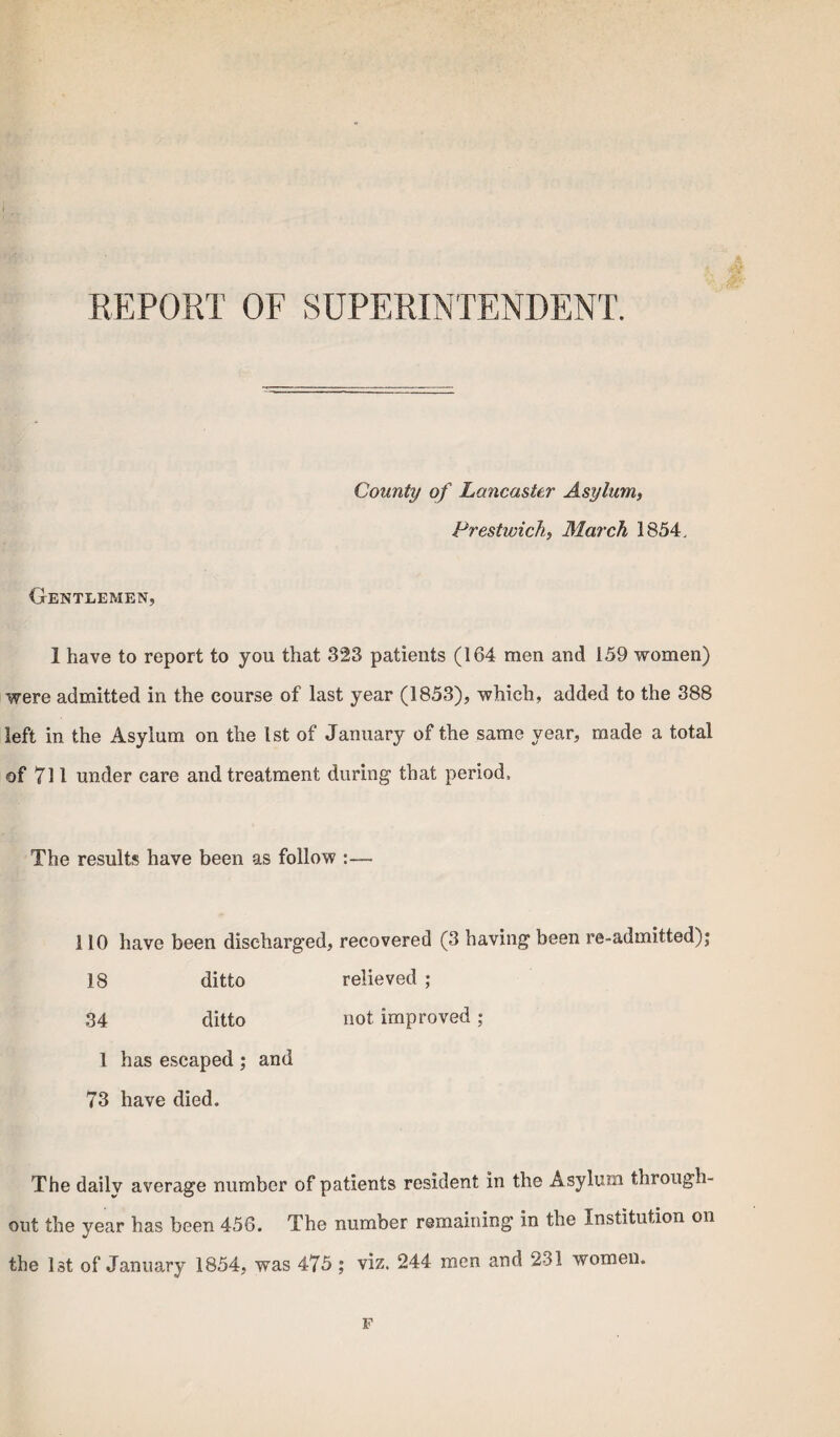 REPORT OF SUPERINTENDENT. County of Lancaster Asylum, Prestwick, March 1854, Gentlemen, 1 have to report to you that 323 patients (164 men and 159 women) were admitted in the course of last year (1853), which, added to the 388 left in the Asylum on the 1st of January of the same year, made a total of Yl 1 under care and treatment during that period, The results have been as follow :— 110 have been discharged, recovered (3 having been re-admitted); 18 ditto relieved ; 34 ditto not improved ; 1 has escaped ; and 73 have died. The dailv average number of patients resident in the Asylum through¬ out the year has been 456. The number remaining in the Institution on the 1st of January 1854, was 475; viz. 244 men and 231 women. F