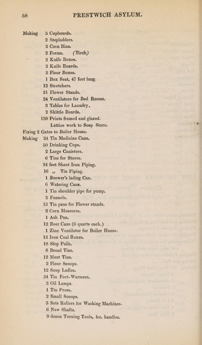 Making 5 Cupboards. 2 Stepladders. 2 Corn Bins. 2 Forms, ('Birch) • 2 Knife Boxes. 2 Knife Boards. 2 Flour Boxes. 1 Box Seat, 47 feet long. 12 Stretchers. 21 Flower Stands, 24 Ventilators for Bed Rooms. 3 Tables for Laundry. 2 Skittle Boards. 130 Prints framed and glazed. Lattice work to Soap Store. Fixing 2 Gates to Boiler House. Making 24 Tin Medicine Cans. 50 Drinking Cups. 2 Large Canisters. 6 Tins for Stores. 24 feet Sheet Iron Piping. 16 ,, Tin Piping. 1 Brewer’s lading Can, 6 Watering Cans. 1 Tin shoulder pipe for pump, 2 Funnels. 13 Tin pans for Flower stands. 2 Corn Measures. 1 Ash Pan. 12 Beer Cans (6 quarts each.) 1 Zinc Ventilator for Boiler House. 13 Iron Coal Boxes. 18 Slop Pails. 6 Bread Tins. 12 Meat Tins. 2 Flour Scoops. 12 Soup Ladles. 24 Tin Feet-Warmers. 3 Oil Lamps. 1 Tin Press. 2 Small Scoops. 3 Sets Rollers lor Washing Machines. 6 New Shafts. 9 dozen Turning Tools, &c. handles.
