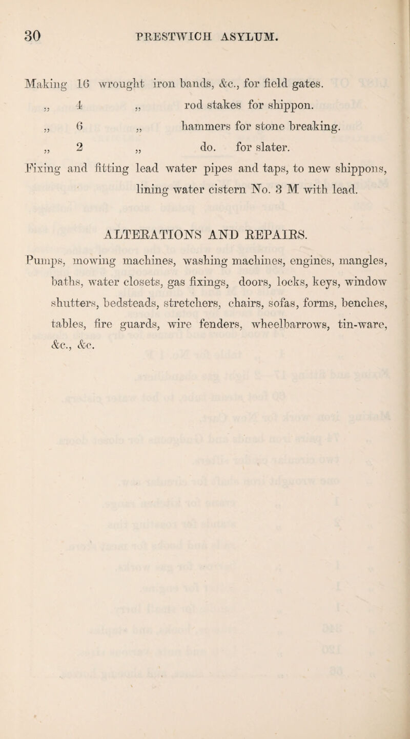 Making 16 wrought iron bands, &c., for field gates. „ d „ rod stakes for sbippon. „ 6 ,, hammers for stone breaking. „ 2 „ do. for slater. Fixing and fitting lead water pipes and taps, to new sliippons, lining water cistern No. 3 M with lead. ALTERATIONS AND REPAIRS. Pumps, mowing machines, washing machines, engines, mangles, baths, water closets, gas fixings, doors, locks, keys, window shutters, bedsteads, stretchers, chairs, sofas, forms, benches, tables, fire guards, wire fenders, wheelbarrows, tin-ware, &c., &c.