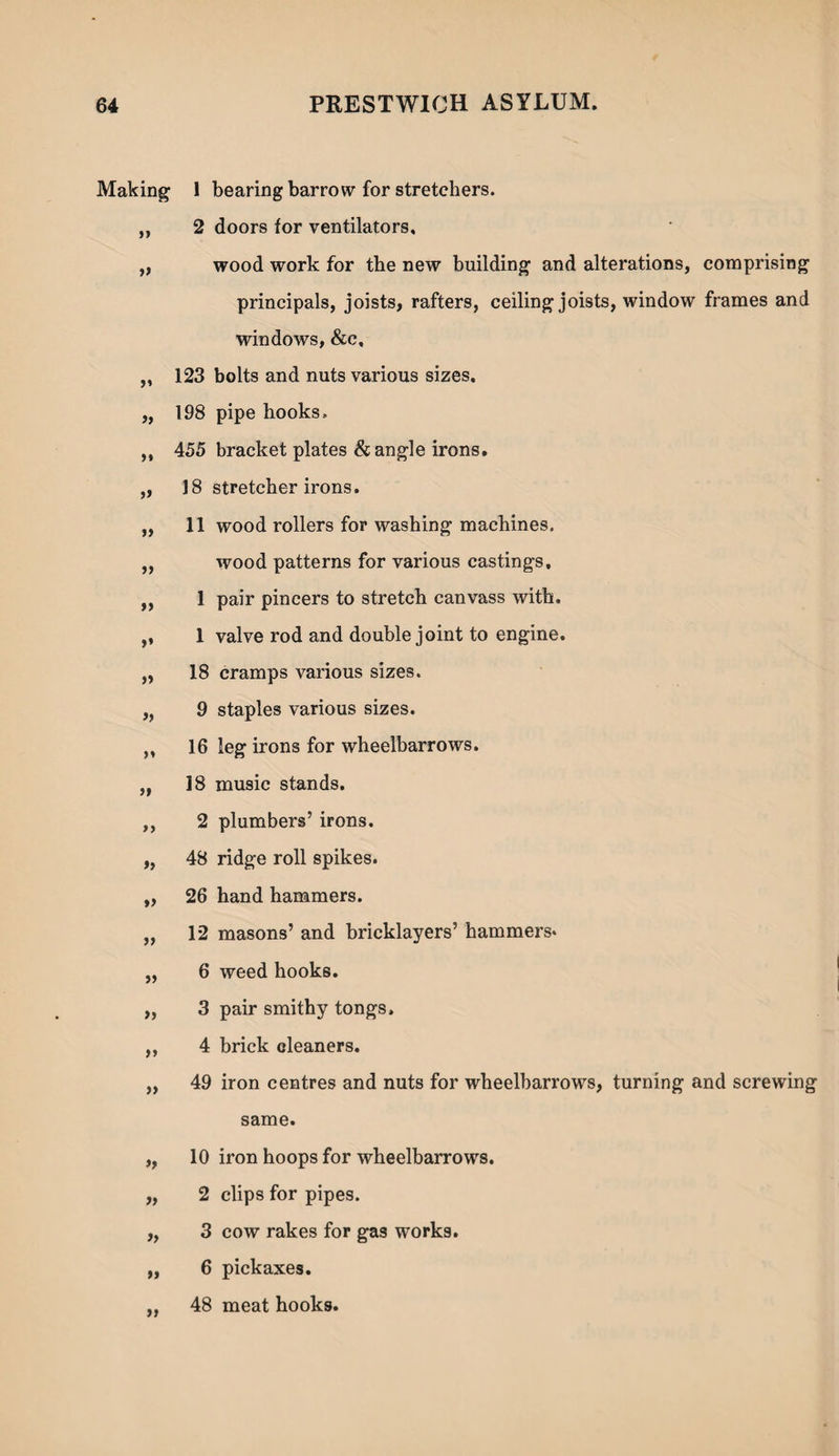 Making » >» » >» >> >> >» >» » >» » ft » }> » >y 1 bearing barrow for stretchers. 2 doors for ventilators. wood work for the new building and alterations, comprising principals, joists, rafters, ceiling joists, window frames and windows, &c, 123 bolts and nuts various sizes. 198 pipe hooks. 455 bracket plates & angle irons. 18 stretcher irons. 11 wood rollers for washing machines, wood patterns for various castings, 1 pair pincers to stretch canvass with. 1 valve rod and double joint to engine. 18 cramps various sizes. 9 staples various sizes. 16 leg irons for wheelbarrows. 18 music stands. 2 plumbers’ irons. 48 ridge roll spikes. 26 hand hammers. 12 masons’ and bricklayers’ hammers* 6 weed hooks. 3 pair smithy tongs, 4 brick cleaners. 49 iron centres and nuts for wheelbarrows, turning and screwing same. 10 iron hoops for wheelbarrows. 2 clips for pipes. 3 cow rakes for gas works. 6 pickaxes. 48 meat hooks.