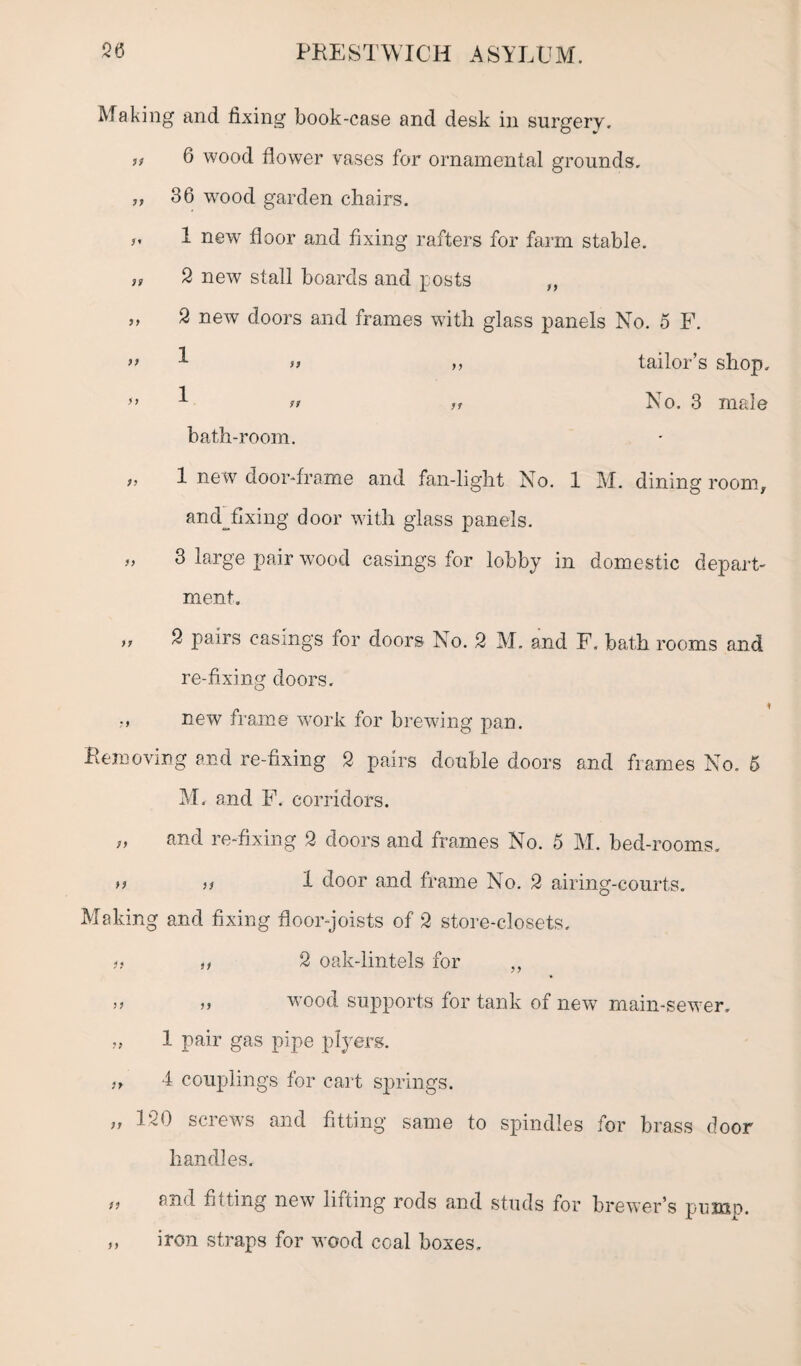 Making and fixing book-case and desk in surgery. ft fi wood flower vases for ornamental grounds. ,, 36 wood garden chairs. „ 1 new floor and fixing rafters for farm stable. st 2 new stall boards and posts ,, ,, 2 new doors and frames with glass panels No. 5 F. ** 1 >> >> tailor’s shop. ,f ^ tt u No. 3 male bath-room. f, 1 new door-frame and fan-light No. 1 M. dining room, and_flxing door with glass panels. » 3 large pair wood casings for lobby in domestic depart¬ ment. ,, 2 pairs casings for doors No. 2 M. and F. bath rooms and re-fixing doors. 1 new frame work for brewing pan. Removing and re-fixing 2 pairs double doors and frames No. 5 M. and F. corridors. „ and re-fixing 2 doors and frames No. 5 M. bed-rooms. »> tt 1 door and frame No. 2 airing-courts. Making and fixing floor-joists of 2 store-closets. i, a 2 oak-lintels for „ tt a wood supports for tank of new main-sewer. 1 pair gas pipe plyers. „ 4 couplings for cart springs. tt 120 screws and fitting same to spindles for brass door handles. ^ and. fitting new lifting rods and studs for brewer’s pump. „ iron straps for wood coal boxes.