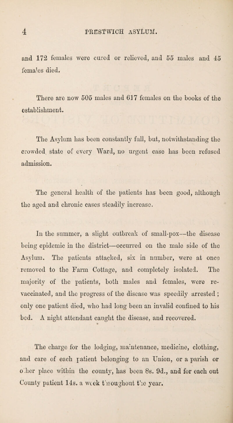 and 172 females were cured or relieved, and 55 males and 45 females died. There are now 505 males and 617 females on the books of the establishment. The Asylum has been constantly full, but, notwithstanding the crowded, state of every Ward, no urgent case has been refused admission. The general health of the patients has been good, although the aged and chronic cases steadily increase. In the summer, a slight outbreak of small-pox—the disease being epidemic in the district—occurred on the male side of the Asylum. The patients attacked, six in number, were at once removed to the Farm Cottage, and completely isolated. The majority of the patients, both males and females, were rc- vaccinated, and the progress of the disease was speedily arrested ; only one patient died, who had long been an invalid confined to his bed. A night attendant caught the disease, and recovered. The charge for the lodging, mamtenance, medicine, clothing, and care of each patient belonging to an Union, or a parish or other place within the county, has been 8s. 9d., and for each out County patient 14s. a week throughout the year.