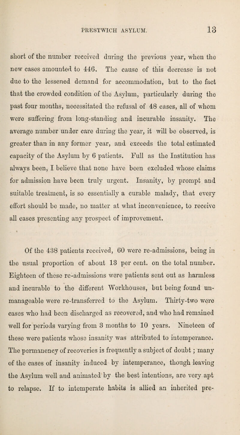 short of the number received during the previous year, when the new cases amounted to 446, The cause of this decrease is not due to the lessened demand for accommodation, but to the fact that the crowded condition of the Asylum, particularly during the past four months, necessitated the refusal of 48 cases, all of whom were suffering from long-standing and incurable insanity. The average number under care during the year, it will be observed, is greater than in any former year, and exceeds the total estimated capacity of the Asylum by 6 patients. Full as the Institution has always been, I believe that none have been excluded whose claims for admission have been truly urgent. Insanity, by prompt and suitable treatment, is so essentially a curable malady, that every effort should be made, no matter at what inconvenience, to receive all cases presenting any prospect of improvement. Of the 438 patients received, 60 were re-admissions, being in the usual proportion of about 13 per cent, on the total number. Eighteen of these re-admissions were patients sent out as harmless and incurable to the different Workhouses, but being found un¬ manageable were re-transferred to the Asylum. Thirty-two were cases who had been discharged as recovered, and who had remained well for periods varying from 3 months to 10 years. Nineteen of these were patients whose insanity was attributed to intemperance. The permanency of recoveries is frequently a subject of doubt; many of the cases of insanity induced by intemperance, though leaving the Asylum well and animated by the best intentions, are very apt to relapse. If to intemperate habits is allied an inherited pre-