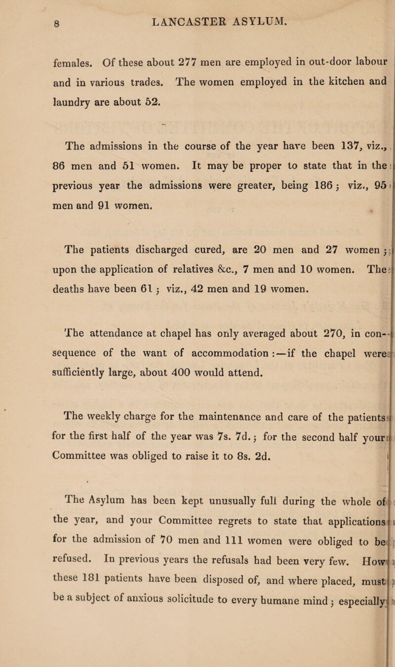 females. Of these about 277 men are employed in out-door labour and in various trades. The women employed in the kitchen and laundry are about 52. The admissions in the course of the year have been 137, viz., 86 men and 51 women. It may be proper to state that in the previous year the admissions were greater, being 186 5 viz., 95 • men and 91 women. The patients discharged cured, are 20 men and 27 women ; 1 upon the application of relatives &c„, 7 men and 10 women. The r deaths have been 61 : viz,, 42 men and 19 women. The attendance at chapel has only averaged about 270, in con¬ sequence of the want of accommodation if the chapel were sufficiently large, about 400 would attend. The weekly charge for the maintenance and care of the patients for the first half of the year was 7s. 7d.j for the second half yourr Committee was obliged to raise it to 8s. 2d. 1 11 The Asylum has been kept unusually full during the whole of t the year, and your Committee regrets to state that applications s; for the admission of 70 men and 111 women were obliged to be refused. In previous years the refusals had been very few. How 2: these 181 patients have been disposed of, and where placed, must be a subject of anxious solicitude to every humane mind , especially re