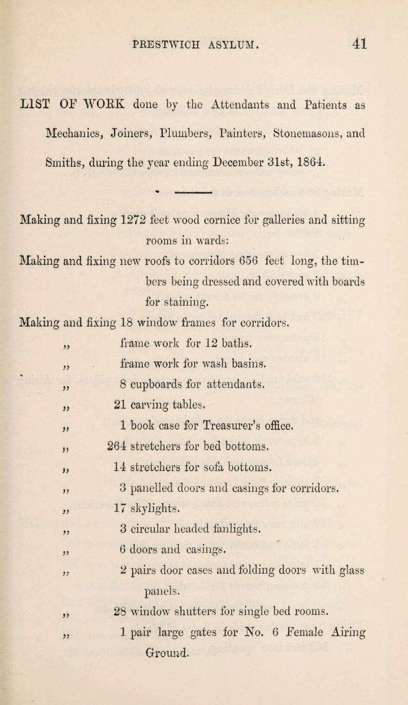 LIST OF WORK done by the Attendants and Patients as Mechanics, Joiners, Plumbers, Painters, Stonemasons, and Smiths, during the year ending December 31st, 1864. Making and fixing 1272 feet wood cornice for galleries and sitting rooms in wards: Making and fixing new roofs to corridors 656 feet long, the tim¬ bers being dressed and covered with boards for staining. Making and fixing 18 window frames for corridors. „ frame work for 12 baths. „ frame work for wash basins. „ 8 cupboards for attendants. „ 21 carving tables. a » a a Si Si Si Si a Si 1 book case for Treasurer’s office. 264 stretchers for bed bottoms. 14 stretchers for sofa bottoms. 3 panelled doors and casings for corridors. 17 skylights. 3 circular headed fanlights. 6 doors and casings. 2 pairs door cases and folding doors with glass panels. 28 window shutters for single bed rooms. 1 pair large gates for No. 6 Female Airing Ground.