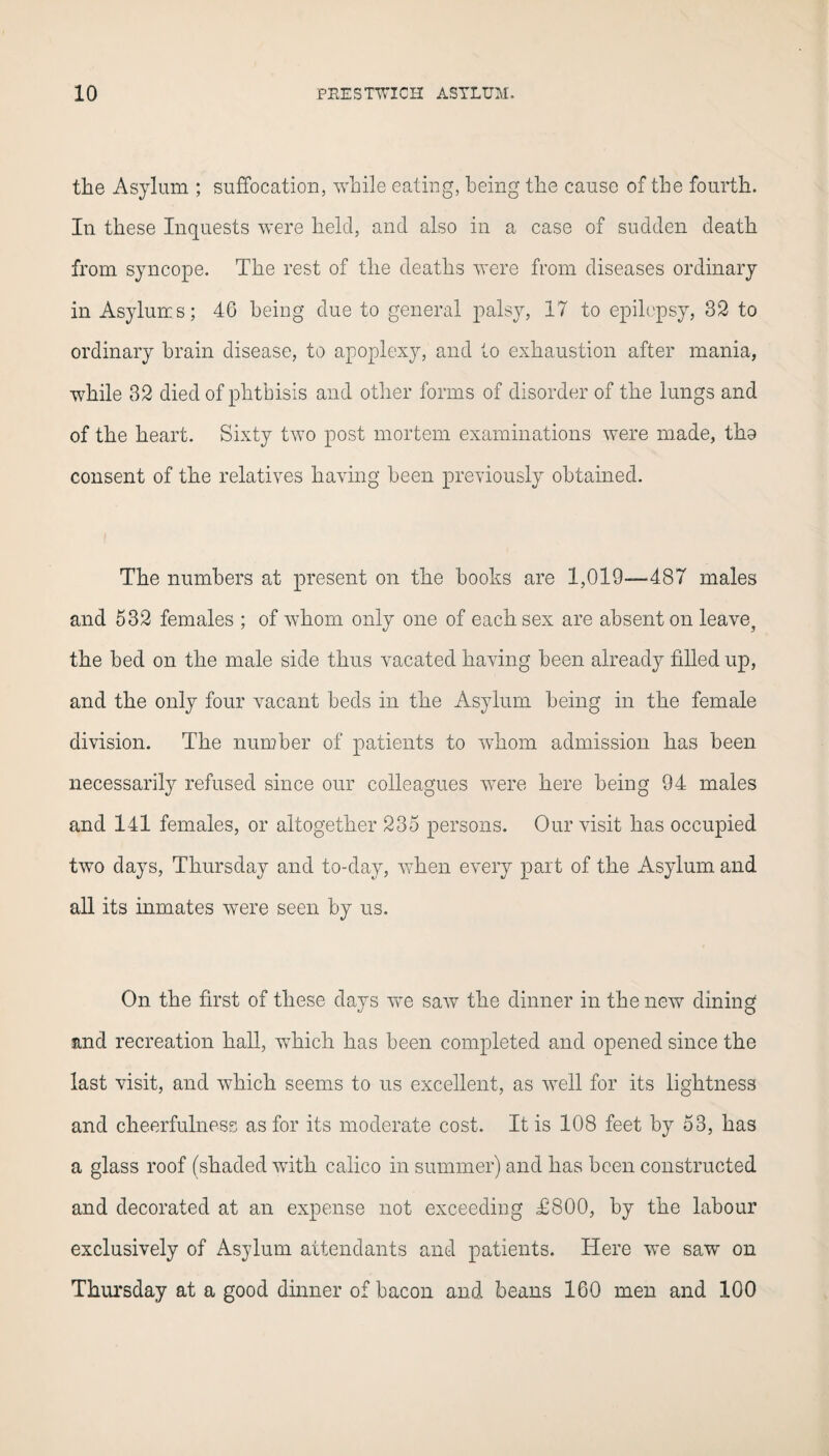 the Asylum ; suffocation, while eating, being the cause of the fourth. In these Inquests were held, and also in a case of sudden death from syncope. The rest of the deaths were from diseases ordinary in Asylums; 46 being due to general palsy, 17 to epilepsy, 32 to ordinary brain disease, to apoplexy, and to exhaustion after mania, while 32 died of phthisis and other forms of disorder of the lungs and of the heart. Sixty two post mortem examinations were made, tho consent of the relatives having been previously obtained. The numbers at present on the hooks are 1,019-—487 males and 532 females ; of whom only one of each sex are absent on leave, the bed on the male side thus vacated having been already filled up, and the only four vacant beds in the Asylum being in the female division. The number of patients to whom admission has been necessarily refused since our colleagues were here being 94 males and 141 females, or altogether 235 persons. Our visit has occupied two days, Thursday and to-day, when every part of the Asylum and all its inmates were seen by us. On the first of these days wTe saw the dinner in the new dining and recreation hall, -which has been completed and opened since the last visit, and which seems to us excellent, as well for its lightness and cheerfulness as for its moderate cost. It is 108 feet by 53, has a glass roof (shaded with calico in summer) and has been constructed and decorated at an expense not exceeding £800, by the labour exclusively of Asylum attendants and patients. Here we saw on Thursday at a good dinner of bacon and beans 160 men and 100