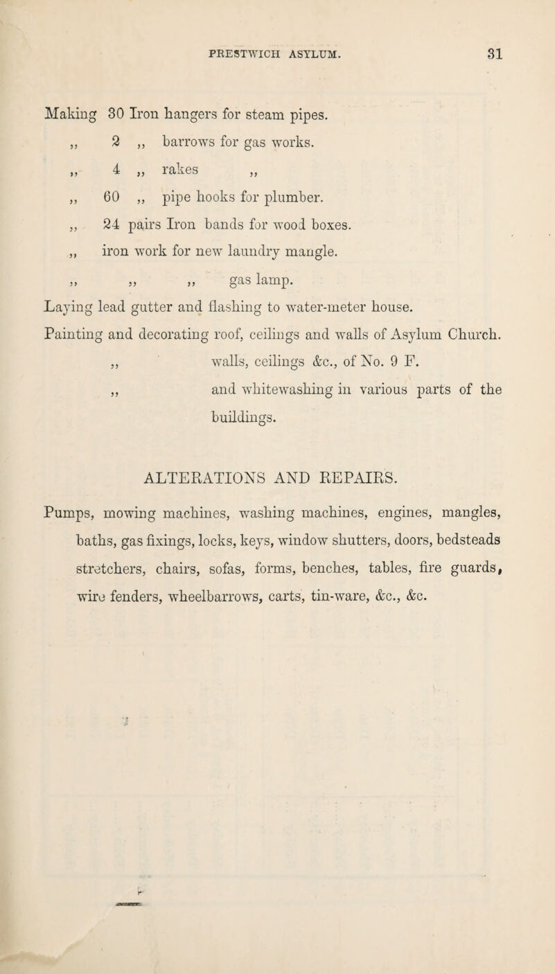 Making 30 Iron hangers for steam pipes. ,, 2 „ barrows for gas works. „ 4 „ rakes ,, 60 „ pipe hooks for plumber. ,, 24 pairs Iron bands for wood boxes. „ iron work for new laundry mangle. „ „ „ gas lamp. Laying lead gutter and flashing to water-meter house. Painting and decorating roof, ceilings and walls of Asylum Church. ,, walls, ceilings &c., of No. 9 F. ,, and whitewashing in various parts of the buildings. ALTERATIONS AND REPAIRS. Pumps, mowing machines, washing machines, engines, mangles, baths, gas fixings, locks, keys, window shutters, doors, bedsteads stretchers, chairs, sofas, forms, benches, tables, fire guards, wire fenders, wheelbarrows, carts, tin-ware, &c., &c.