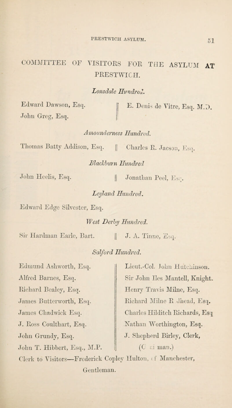 COMMITTEE OF VISITORS FOR THE ASYLUM AT PRESTWIGH. Edward Dawson, Esq. John Greg, Esq. Lonsdale Hundred. E. Denis de Vitre, Esq. M.I). A monnderness Hundred. Thomas Batty Addison, Esq. || Charles R. Jacson, Esq, Blackburn Hundred John Heelis, Esq. jj Jonathan Peel, Esq. Leylancl Hundred. Edward Edge Silvester, Esq. West Derby Hundred. Sir Hardman Earle, Bart. || J. A. Tinne, Esq. Salford Hundred. Edmund Ashworth, Esq. Alfred Barnes, Esq. Richard Bealey, Esq. James Butterworth, Esq. James Chadwick Esq. J. Ross Coulthart, Esq. John Grundy, Esq. John T. Hibbert, Esq., M.P. Clerk to Visitors—Frederick Gentleman. Lieut.-Col. John Hutchinson. Sir John lies Mantell, Knight. Henry Travis Milne, Esq. Richard Milne R Jhead, Esq. Charles Hilditch Richards, Esq Nathan Worthington, Esq. J. Shepherd Birley, Clerk, (C 0 man.) y Hulton, < f Manchester,