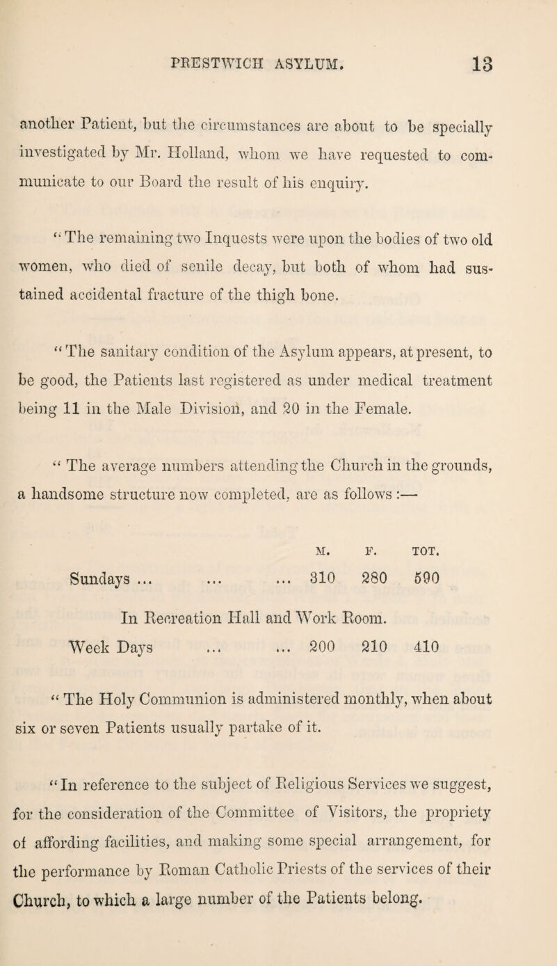 another Patient, but the circumstances are about to be specially investigated by Mr. Holland, whom we have requested to com¬ municate to our Board the result of his enquiry. “ The remaining two Inquests were upon the bodies of two old women, who died of senile decay, but both of whom had sus¬ tained accidental fracture of the thigh bone. “The sanitary condition of the Asylum appears, at present, to be good, the Patients last registered as under medical treatment being 11 in the Male Division, and 20 in the Female. “ The average numbers attending the Church in the grounds, a handsome structure now completed, are as follows :—- M. F. TOT. Sundays ... ... ... 310 280 590 In Recreation Hall and Work Room. Week Days ... ... 200 210 410 “ The Holy Communion is administered monthly, when about six or seven Patients usually partake of it. “In reference to the subject of Religious Services we suggest, for the consideration of the Committee of Visitors, the propriety of affording facilities, and making some special arrangement, for the performance by Roman Catholic Priests of the services of their Church, to which a large number of the Patients belong.