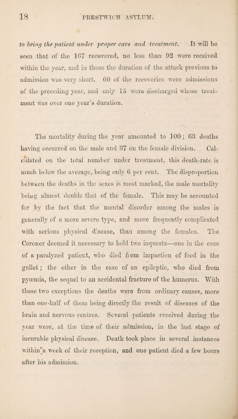 to bring the patient under proper care and treatment. It will be Been that of the 167 recovered, no less than 92 were received within the year, and in these the duration of the attack previous to admission was very short. 60 of the recoveries were admissions of the preceding year, and only 15 were discharged whose treat¬ ment was over one year’s duration. The mortality during the year amounted to 100; 63 deaths having occurred on the male and 37 on the female division. Cal¬ culated on the total number under treatment, this death-rate is much below the average, being only 6 per cent. The disproportion between the deaths in the sexes is most marked, the male mortality being almost double that of the female. This may be accounted for by the fact that the mental disorder among the males is generally of a more severe type, and more frequently complicated with serious physical disease, than among the females. The Coroner deemed it necessary to hold two inquests—one in the case of a paralyzed patient, who died horn impaction of food in the gullet; the other in the case of an epileptic, who died from pycemia, the sequel to an accidental fracture of the humerus. With these two exceptions the deaths were from ordinary causes, more than one-half of them being directly the result of diseases of the brain and nervous centres. Several patients received during the year were, at the time of their admission, in the last stage of incurable physical disease. Death took place in several instances withhya week of their reception, and one patient died a few hours after Iris admission.