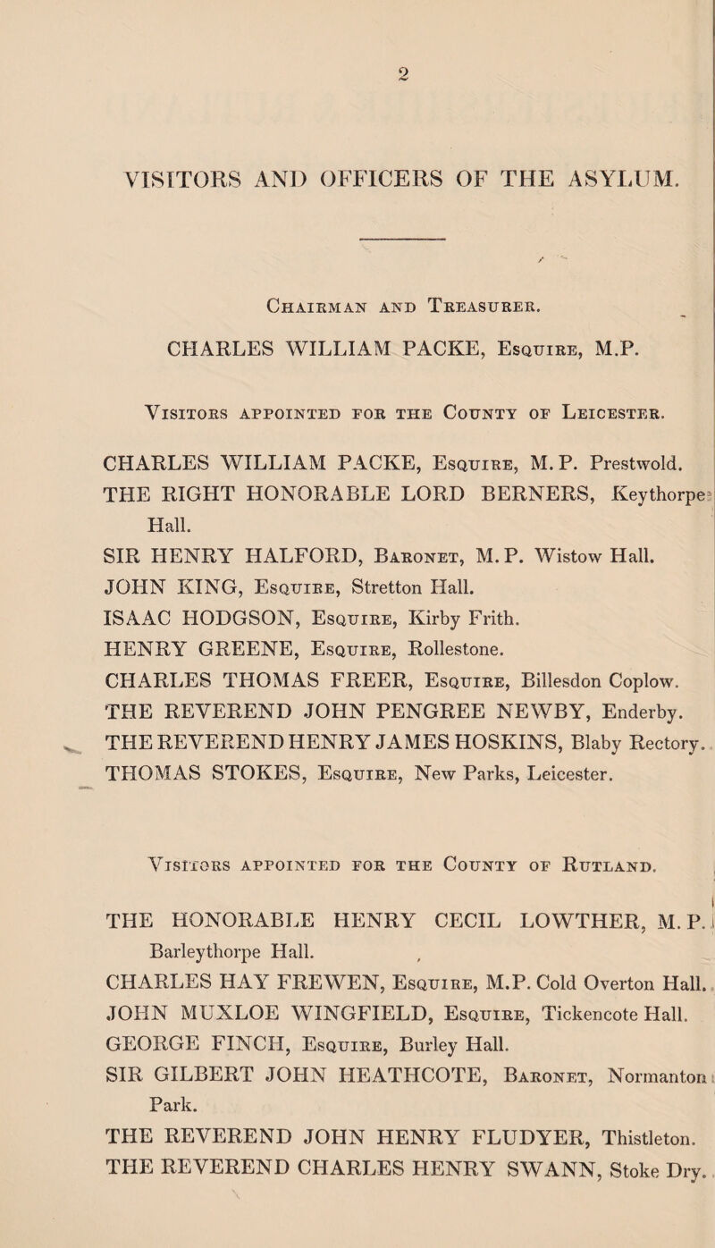 9 VISITORS AND OFFICERS OF THE ASYLUM. Chairman and Treasurer. CHARLES WILLIAM PACKE, Esquire, M.P. Visitors appointed eor the County oe Leicester. CPI ARLES WILLIAM PACKE, Esquire, M.P. Prestwold, THE RIGHT HONORABLE LORD BERNERS, Keythorpe Hall. SIR HENRY HALFORD, Baronet, M.P. Wistow Hall. JOHN KING, Esquire, Stretton Hall. ISAAC HODGSON, Esquire, Kirby Frith. HENRY GREENE, Esquire, Rollestone. CHARLES THOMAS FREER, Esquire, Billesdon Coplow. THE REVEREND JOHN PENGREE NEWBY, Enderby. THE REVEREND HENRY JAMES HOSKINS, Blaby Rectory. THOMAS STOKES, Esquire, New Parks, Leicester. Visitors appointed for the County of Rutland, THE HONORABLE HENRY CECIL LOWTHER, M. P. [ Barleythorpe Hall. CHARLES HAY FREWEN, Esquire, M.P. Cold Overton Hall. JOHN MUXLOE WINGFIELD, Esquire, Tickencote Hall. GEORGE FINCH, Esquire, Burley Hall. SIR GILBERT JOHN HEATHCOTE, Baronet, Normanton Park. THE REVEREND JOHN HENRY FLUDYER, Thistleton. THE REVEREND CHARLES HENRY SWANN, Stoke Dry.