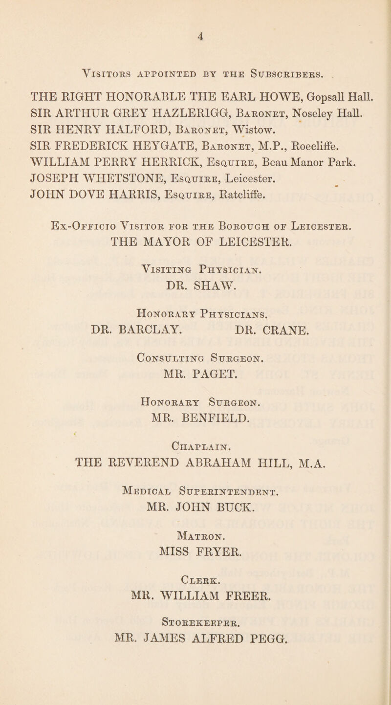 Visitors appointed py the Subscribers. THE RIGHT HONORABLE THE EARL HOWE, Gopsall Hall. SIR ARTHUR GREY HAZLER1GG, Baronet, Noseley Hall. SIR HENRY HALFORD, Baronet, Wistow. SIR FREDERICK HEYGATE, Baronet, M.P., Roecliffe. WILLIAM PERRY HERRICK, Esquire, Beau Manor Park. JOSEPH WHETSTONE, Esquire, Leicester. JOHN DOVE HARRIS, Esquire, Ratcliffe. Ex-Officio Visitor for the Borough of Leicester. THE MAYOR OF LEICESTER. Visiting Physician. DR. SHAW. Honorary Physicians. DR. BARCLAY. DR. CRANE. Consulting Surgeon. MR. PAGET. Honorary Surgeon. MR. BENFIELD. •* Chaplain. THE REVEREND ABRAHAM HILL, M.A. Medical Superintendent. MR. JOHN BUCK. Matron. MISS FRYER. Clerk. MR. WILLIAM FREER. Storekeeper. MR. JAMES ALFRED PEGG.