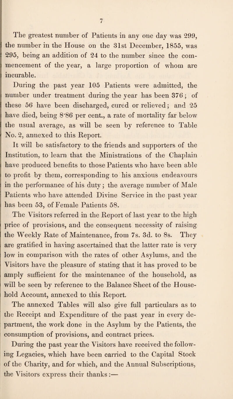 The greatest number of Patients in any one day was 299, j the number in the House on the 31st December, 1855, was I 295, being an addition of 24 to the number since the com¬ mencement of the year, a large proportion of whom are incurable. During the past year 105 Patients were admitted, the number under treatment during the year has been 376; of these 56 have been discharged, cured or relieved; and 25 I have died, being 8*86 per cent., a rate of mortality far below i the usual average, as will be seen by reference to Table t No. 2, annexed to this Report. It will be satisfactory to the friends and supporters of the Institution, to learn that the Ministrations of the Chaplain have produced benefits to those Patients who have been able to profit by them, corresponding to his anxious endeavours in the performance of his duty; the average number of Male Patients who have attended Divine Service in the past year has been 53, of Female Patients 58. The Visitors referred in the Report of last year to the high price of provisions, and the consequent necessity of raising the Weekly Rate of Maintenance, from 7s. 3d. to 8s. They are gratified in having ascertained that the latter rate is very low in comparison with the rates of other Asylums, and the Visitors have the pleasure of stating that it has proved to be amply sufficient for the maintenance of the household, as will be seen by reference to the Balance Sheet of the House¬ hold Account, annexed to this Report. The annexed Tables will also give full particulars as to the Receipt and Expenditure of the past year in every de¬ partment, the work done in the Asylum by the Patients, the consumption of provisions, and contract prices. During the past year the Visitors have received the follow¬ ing Legacies, which have been carried to the Capital Stock of the Charity, and for which, and the Annual Subscriptions, the Visitors express their thanks :—