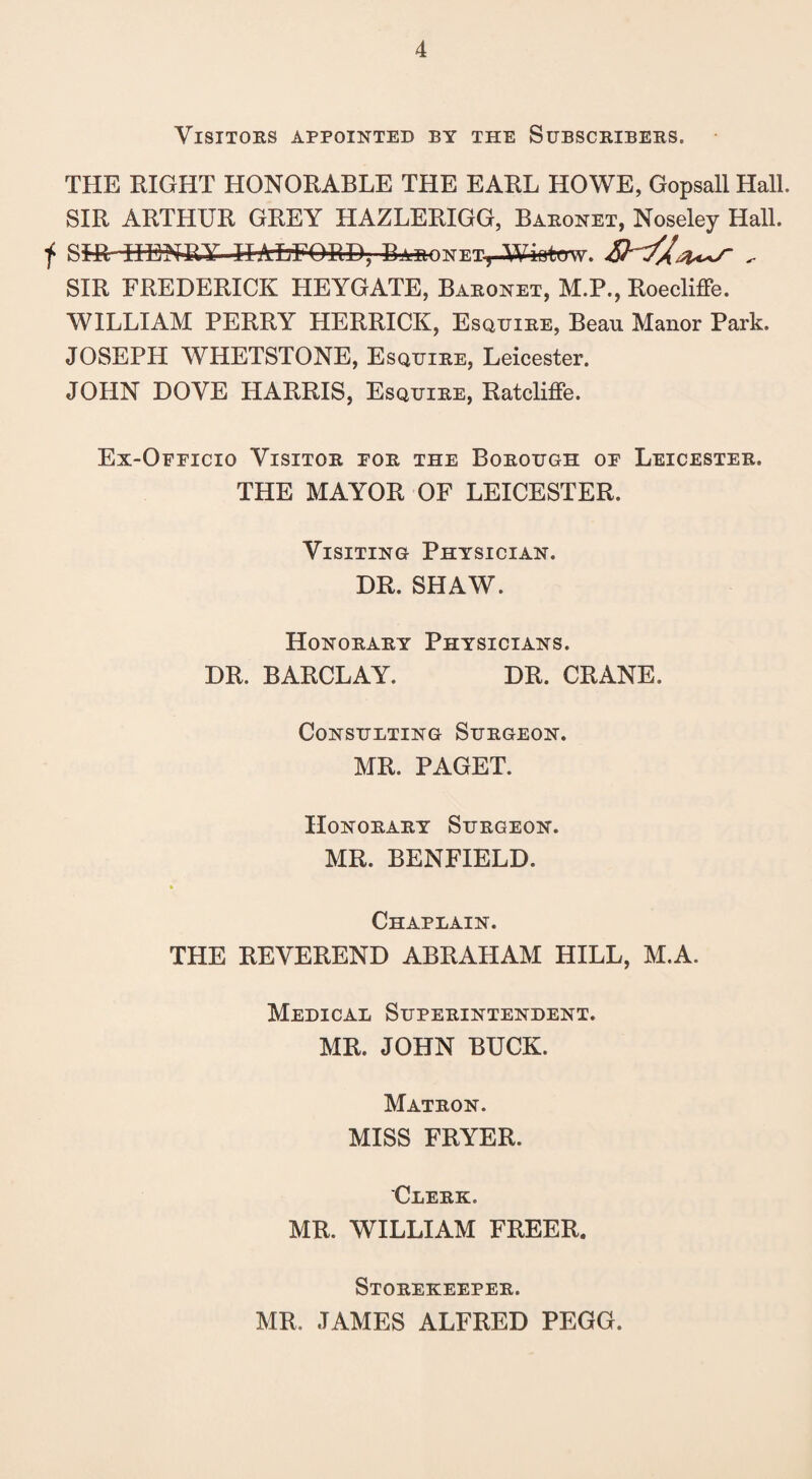 Visitors appointed by the Subscribers. THE RIGHT HONORABLE THE EARL HOWE, Gopsall Hall. SIR ARTHUR GREY HAZLERIGG, Baronet, Noseley Hall, f EAnoNETy-atwtew. , SIR FREDERICK HEYGATE, Baronet, M.P., Koecliffe. WILLIAM PERRY HERRICK, Esquire, Beau Manor Park. JOSEPH WHETSTONE, Esquire, Leicester. JOHN DOVE HARRIS, Esquire, Ratcliffe. Ex-Officio Visitor for the Borough of Leicester. THE MAYOR OF LEICESTER. Visiting Physician. DR. SHAW. Honorary Physicians. DR. BARCLAY. DR. CRANE. Consueting Surgeon. MR. PAGET. Honorary Surgeon. MR. BENFIELD. * Chaplain. THE REVEREND ABRAHAM HILL, M.A. Medical Superintendent. MR. JOHN BUCK. Matron. MISS FRYER. Clerk. MR. WILLIAM FREER. Storekeeper. MR, JAMES ALFRED PEGG.