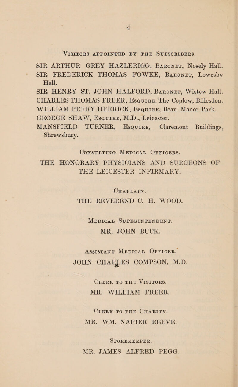 Visitors appointed by the Subscribers. SIR ARTHUR GREY HAZLERIGG, Baronet, Nosely Hall. SIR FREDERICK THOMAS FOWKE, Baronet, Lowesby Hall. SIR HENRY ST. JOHN HALFORD, Baronet, Wistow Hall. CHARLES THOMAS FREER, Esquire, The Coplow, Billesdon. WILLIAM PERRY LIERRICK, Esquire, Beau Manor Park. GEORGE SHAW, Esquire, M.D., Leicester. MANSFIELD TURNER, Esquire, Claremont Buildings, Shrewsbury. Consulting Medical Officers. THE HONORARY PHYSICIANS AND SURGEONS OF THE LEICESTER INFIRMARY. Chaplain. THE REVEREND C. H. WOOD. Medical Superintendent. MR. JOHN BUCK. Assistant Medical Officer.' JOHN CHAISES COMPSON, M.D. Clerk to the Visitors. MR. WILLIAM FREER. Clerk to the Charity. MR. WM. NAPIER REEVE. Storekeeper. MR. JAMES ALFRED PEGG.