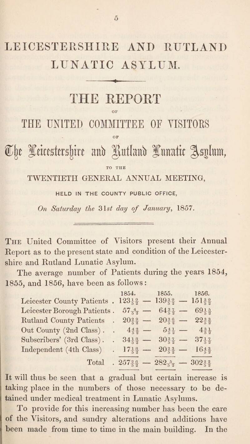 LEICESTERSHIRE AND RUTLAND LUNATIC ASYLUM. —-———-4**——— THE REPORT OF THE UNITE!) COMMITTEE OF VISITORS OF Cjje ffitcsftrsjjirc anb Jlntlanb futmtit ^.snlnin, TO THE TWENTIETH GENERAL ANNUAL MEETING, HELD IN THE COUNTY PUBLIC OFFICE, On Saturday the 31s^ day of January, 1857. The United Committee of Visitors present their Annual Report as to the present state and condition of the Leicester¬ shire and Rutland Lunatic Asylum. The average number of Patients during the years 1854, 1855, and 1856, have been as follows: 1854. 1855. 1856. Leicester County Patients . 123H — 139ff - 15if| Leicester Borough Patients . — 64ft — 69ft Rutland County Patients 20|| — 20ff _ 99 3 3 5 2 Out County (2nd Class) . 44 2 0 2 — 5fi _ 431 ^5 2 Subscribers’ (3rd Class). 34*» — 30f| — 37UT *52 Independent (4th Class) 17*1 ~ 20ff - 1611 Total 257|f — 282ft — 302ff It will thus be seen that a gradual but certain increase is taking place in the numbers of those necessary to be de¬ tained under medical treatment in Lunatic Asylums. To provide for this increasing number has been the care of the Visitors, and sundry alterations and additions have i been made from time to time in the main building. In the