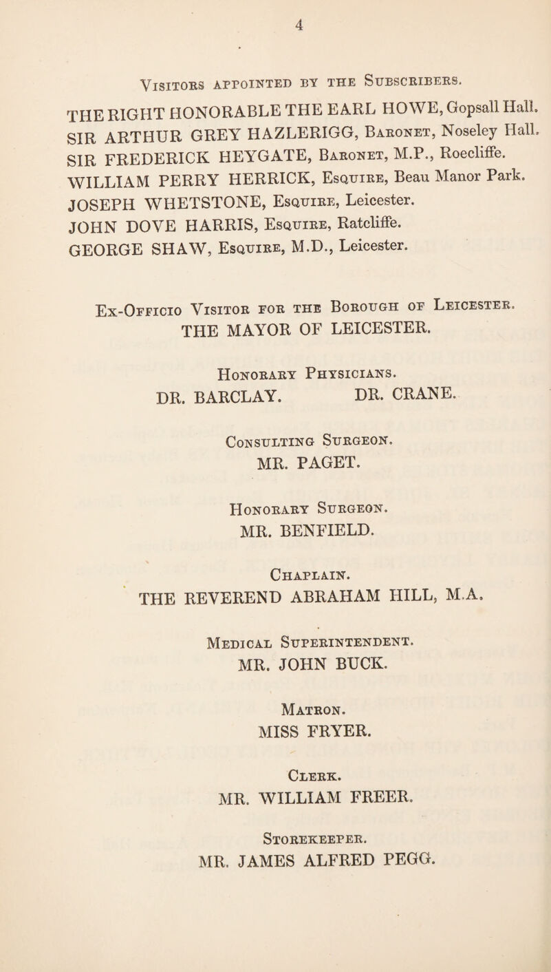 Visitors appointed by the Subscribers. THE RIGHT HONORABLE THE EARL HOWE, Gopsall Hall, SIR ARTHUR GREY HAZLERIGG, Baronet, Noseley Hall, SIR FREDERICK HEYGATE, Baronet, M.P., Roecliffe. WILLIAM PERRY HERRICK, Esquire, Beau Manor Park. JOSEPH WHETSTONE, Esquire, Leicester. JOHN DOVE HARRIS, Esquire, Ratcliffe. GEORGE SHAW, Esquire, M.D., Leicester. Ex-Officio Visitor for the Borough of Leicester, THE MAYOR OF LEICESTER. Honorary Physicians. DR. BARCLAY. DR. CRANE. Consulting Surgeon. MR. PAGET. Honorary Surgeon. MR. BENFIELD. Chaplain. THE REVEREND ABRAHAM HILL, M.A. Medical Superintendent. MR. JOHN BUCK. Matron. MISS FRYER. Clerk. MR. WILLIAM FREER. Storekeeper. MR. JAMES ALFRED PEGG.