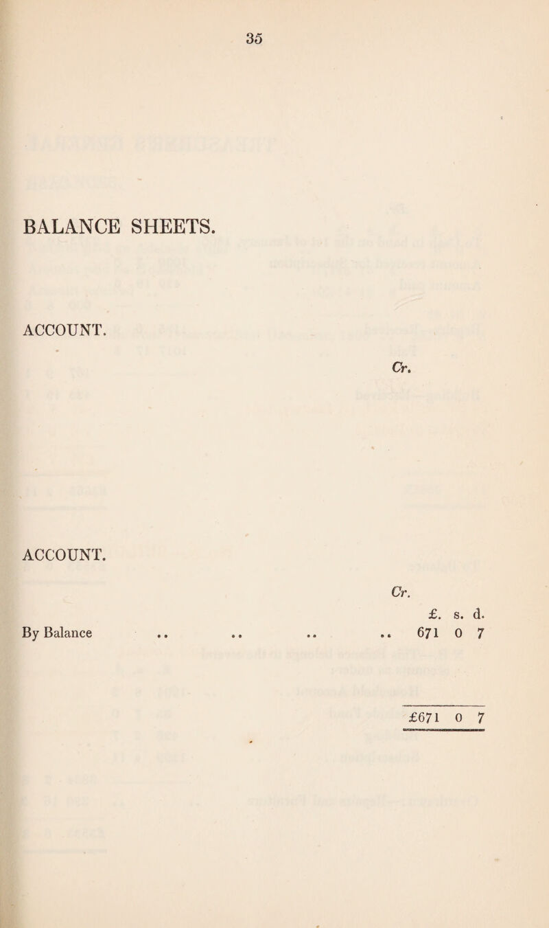 BALANCE SHEETS. ACCOUNT. Cr. ACCOUNT. Cr. By Balance £. s. d. 671 0 7 £671 0 7